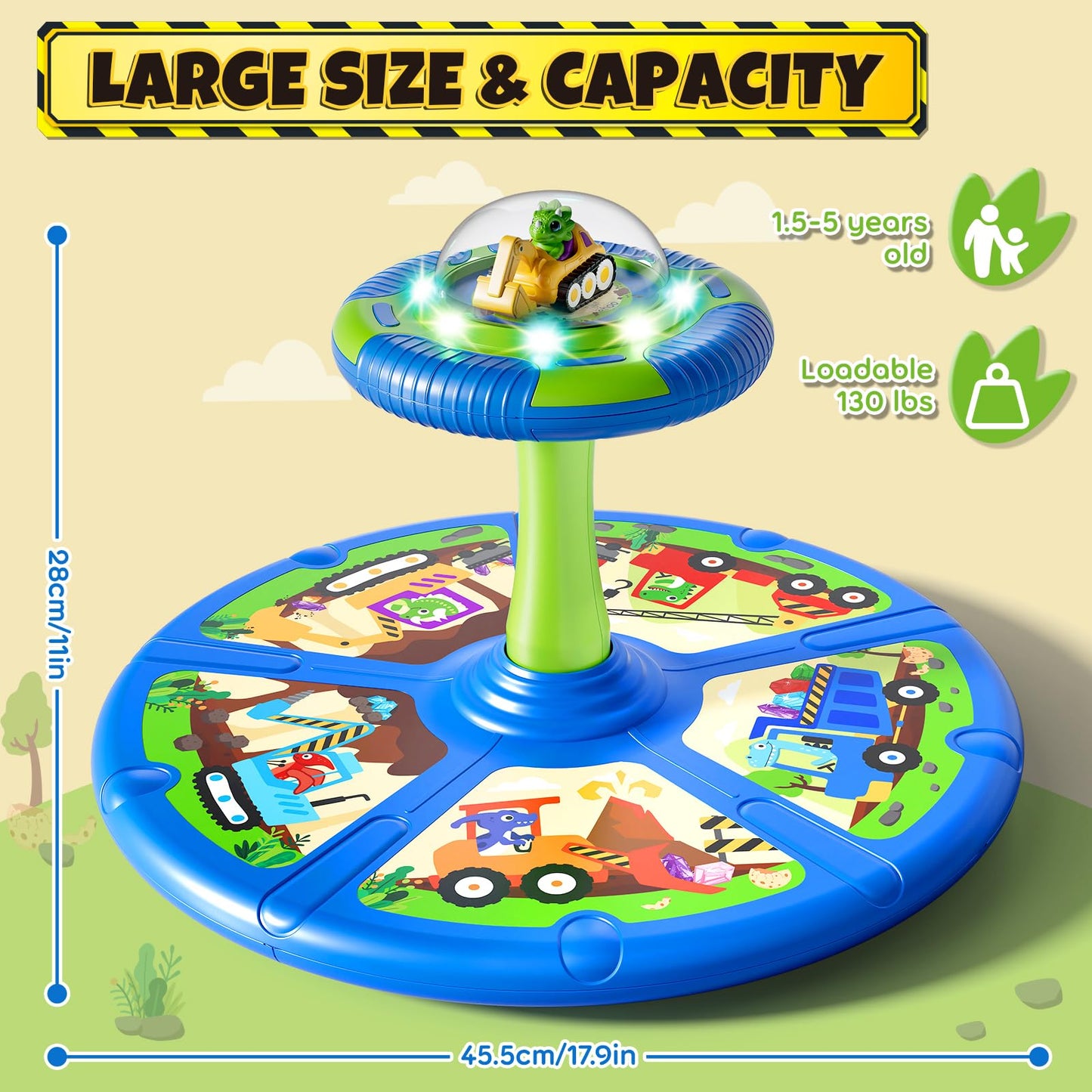 Lehoo Castle Dino Construction Truck Sit and Spin Toys for Toddlers 1-3 Boys, 360° Toddler Spinning Seat with Lights and Music, Sensory Toys Christmas Birthday Gift for Kids Age 2 3 4 5