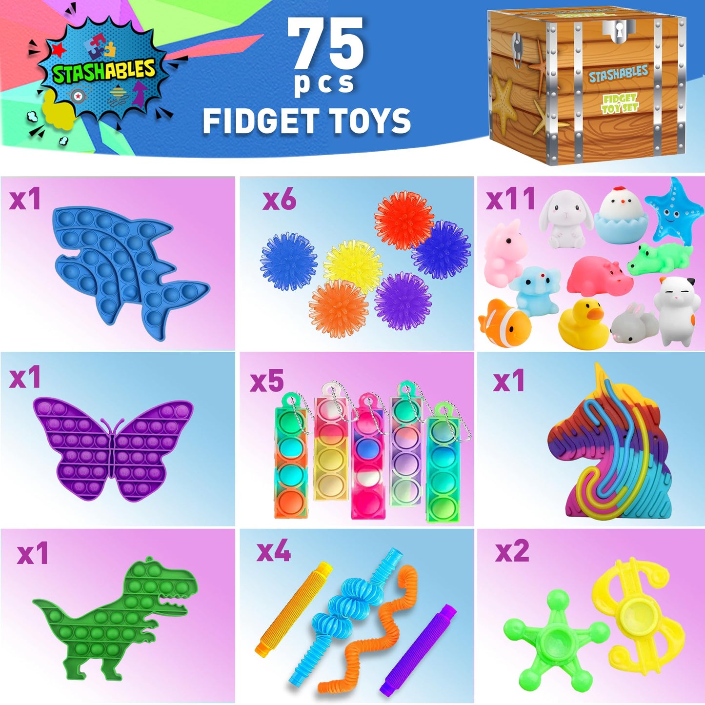 75 pcs Fidget Toys Kids Pack - Classroom Prizes, Pinata Fillers, Treasure Chest Goodie Bag Rewards with Pop its, Party Favours, Sensory Toys, Bulk Fidgets Box Gifts for Girls and Boys