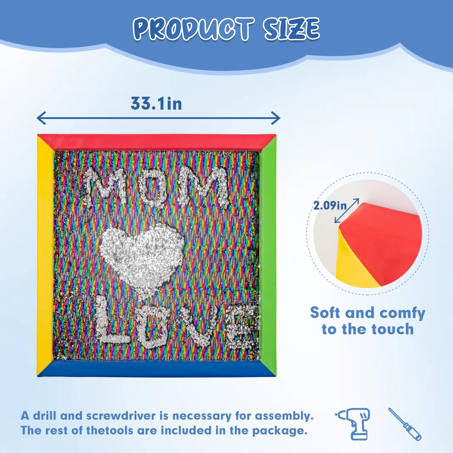 Midnight Rainbow Sequin Sensory Panel – 33"x33" Square Sided Reversible Sequin Touch Fabric Board with Soft Padded Frame – Stimulating Sensory Play for Kids, Therapy & Home Use (Rainbow Frame)