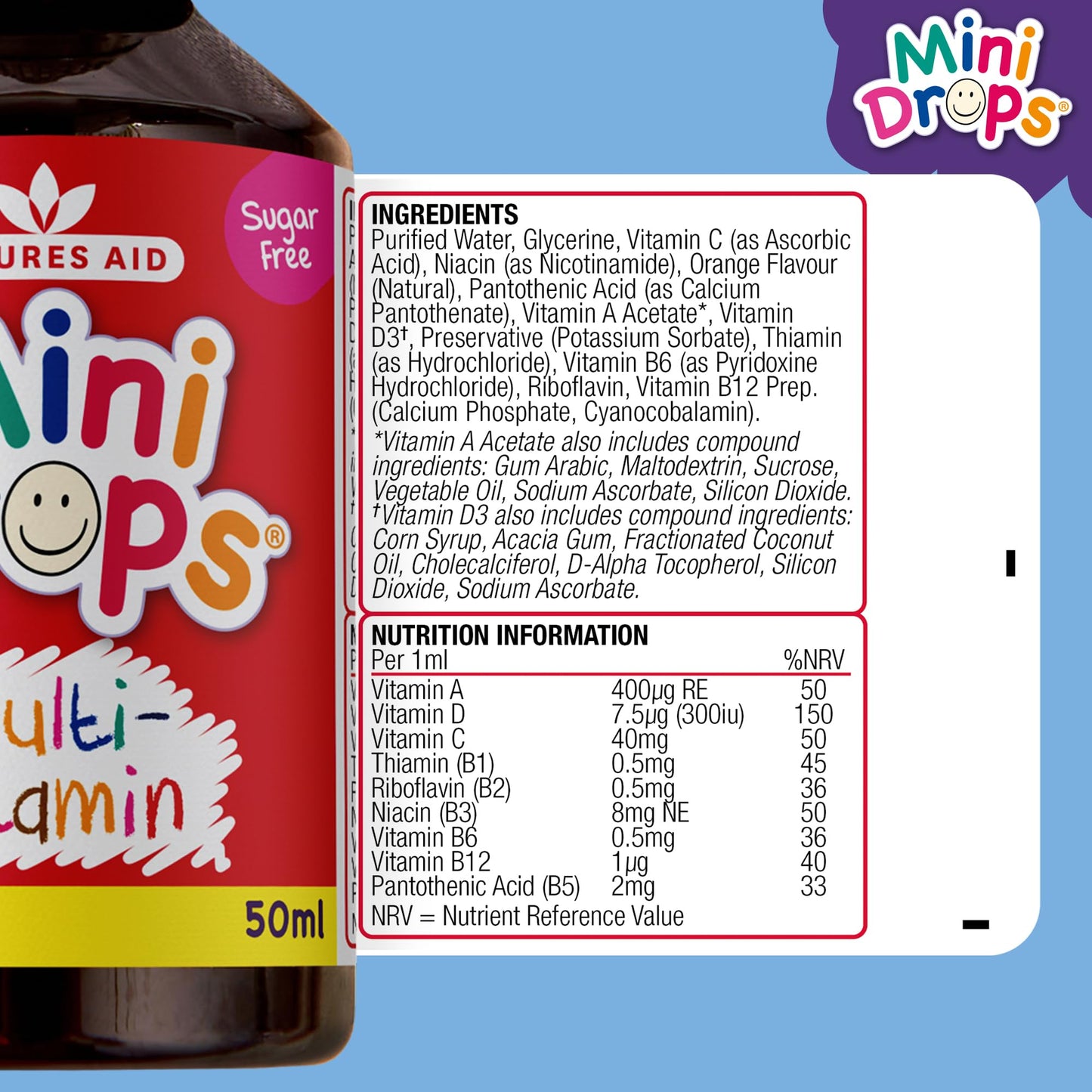 Natures Aid Mini Drops Multi-Vitamin for Babies & Kids 50ml – 9 Essential Vitamins Support Growth & Immune Health for Children Age 0-5 Years Old – Sugar Free Vegan Non-GMO Gluten-Free Dropper Included