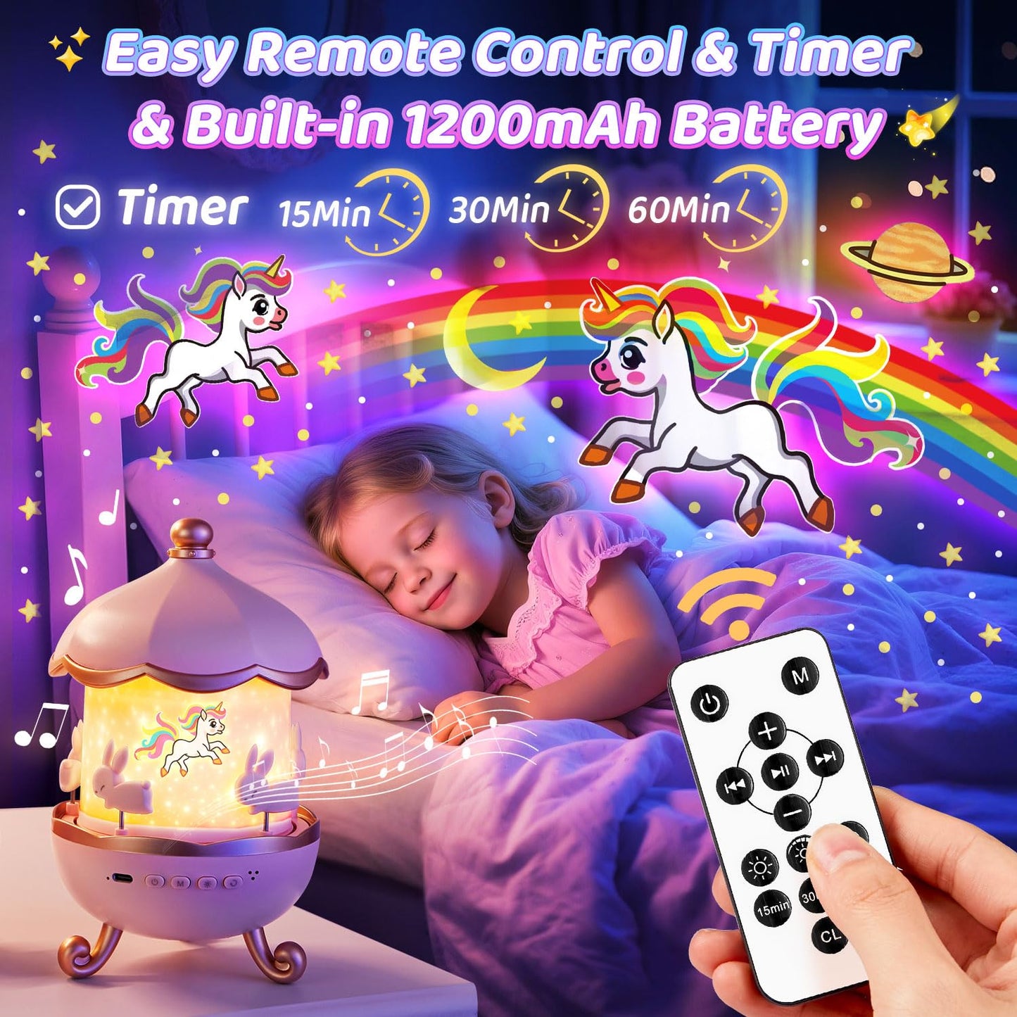 One Fire Night Light for Kids, Toys with 15 Films & 15 White Noises, Rechargeable 1200mAh Toddler Night Light with 360° Rotation, Remote Control Unicorn Gifts for Girls, Toys for 3-12 Year Old Girls