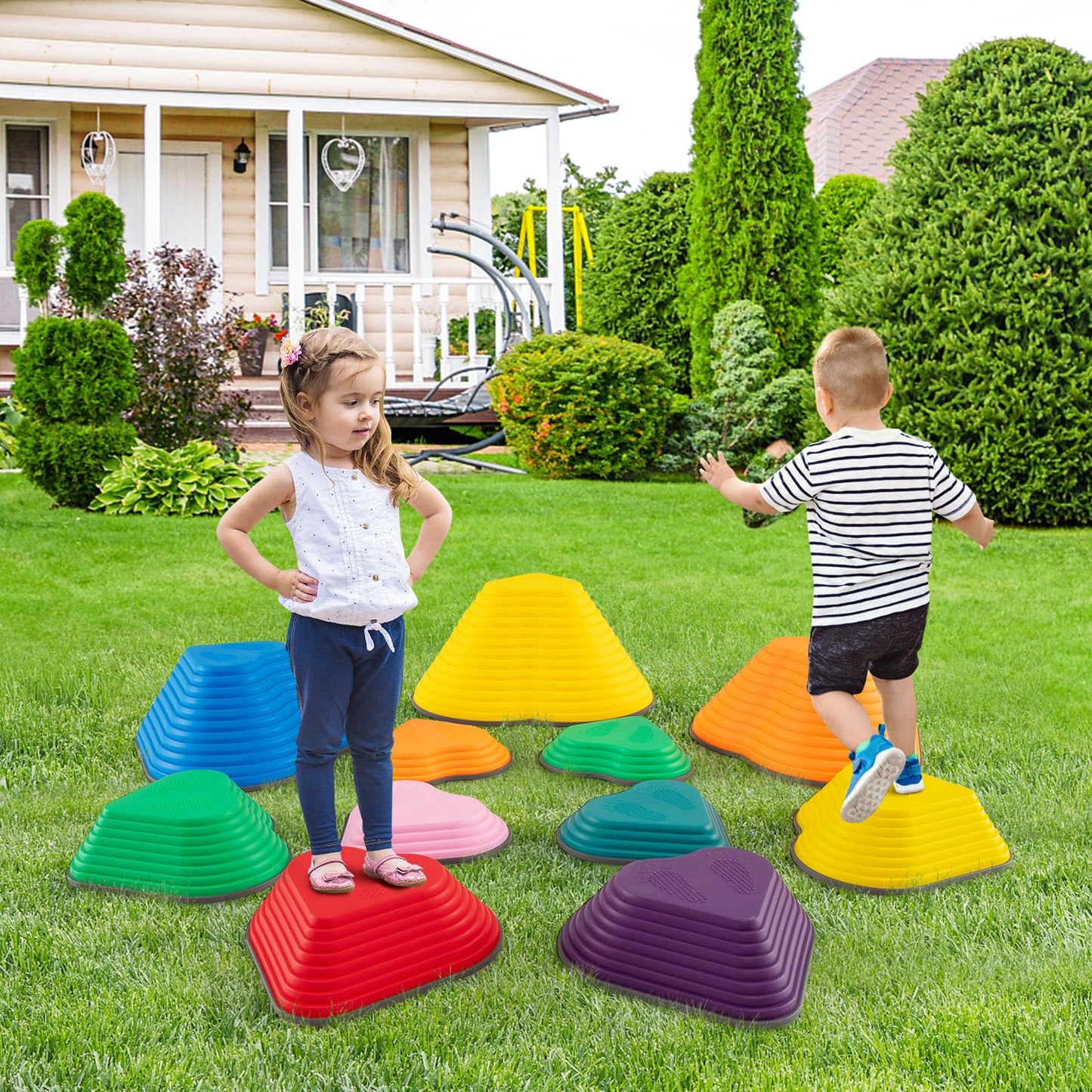 COSTWAY 11-Piece Kids Stepping Stones, Children Obstacle Course Stackable Balance Blocks with Full Non-Slip Edge, Heart-Shaped Balance Stones for Toddlers