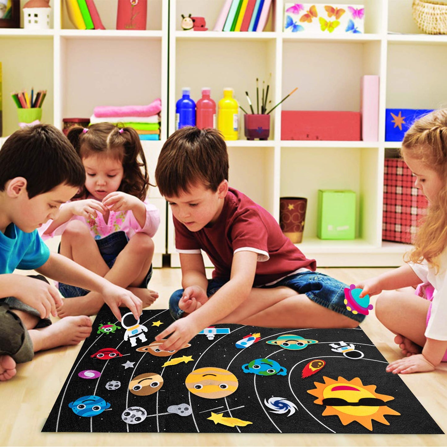 WATINC Solar System Felt Story Board for Kids Space Toys Educational Early Learning Montessori Preschool Storytelling Flannel Board Play Kit Educational Hanging Teaching Toys Birthday Gift