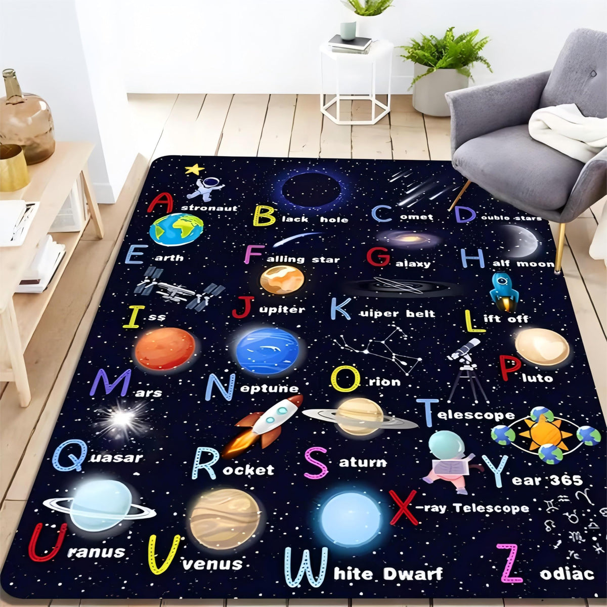 Kuluoits Galaxy Starry Sky Area Rug, 60x90cm ABC Educational Learning Planet Constellation Rocket Washable Indoor Rugs, Non-Slip and Easy-to-Clean Carpet for bedrooms, living rooms, children's rooms
