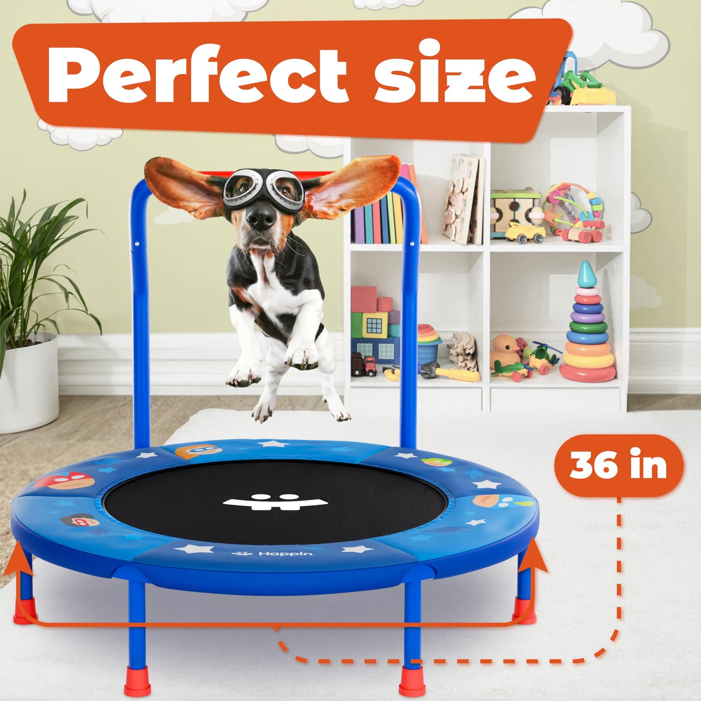 Happin 36" Mini Foldable Toddler Trampoline, Indoor Trampoline Kids with Height-Adjustable Handle, Noise-Free. Indoor & Outdoor with Super Safety Pad & Durable Steel Frame.