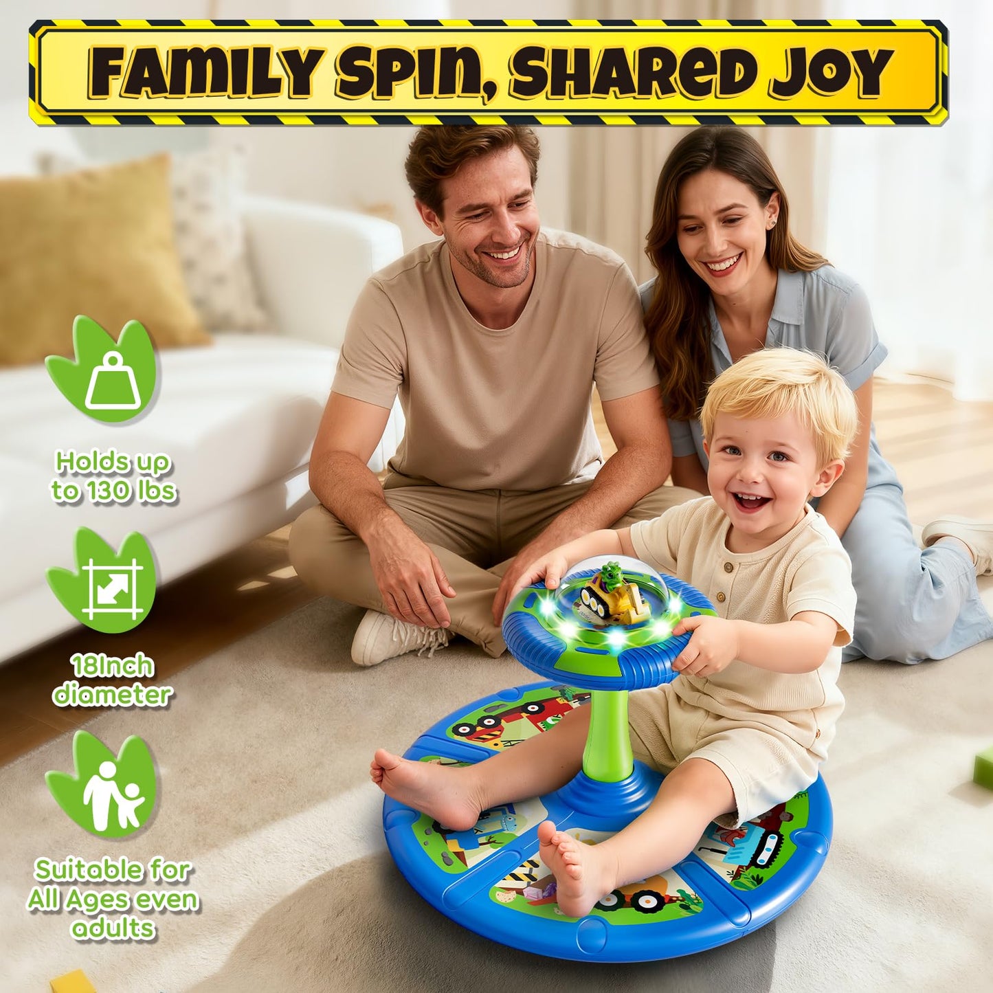 Lehoo Castle Dino Construction Truck Sit and Spin Toys for Toddlers 1-3 Boys, 360° Toddler Spinning Seat with Lights and Music, Sensory Toys Christmas Birthday Gift for Kids Age 2 3 4 5