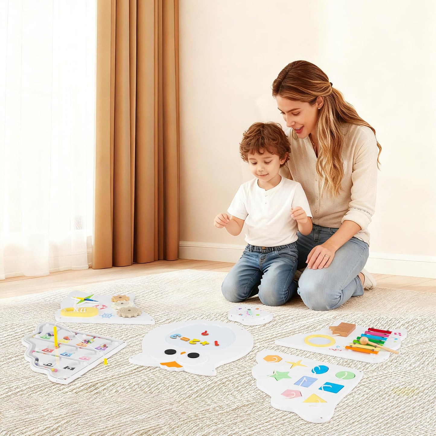 COSTWAY Activity Wall Busy Board Panels, 11 in 1 Wooden Sensory Wall Toy, Toddler Learning Activity Center for Education & Early Development (White Owl)