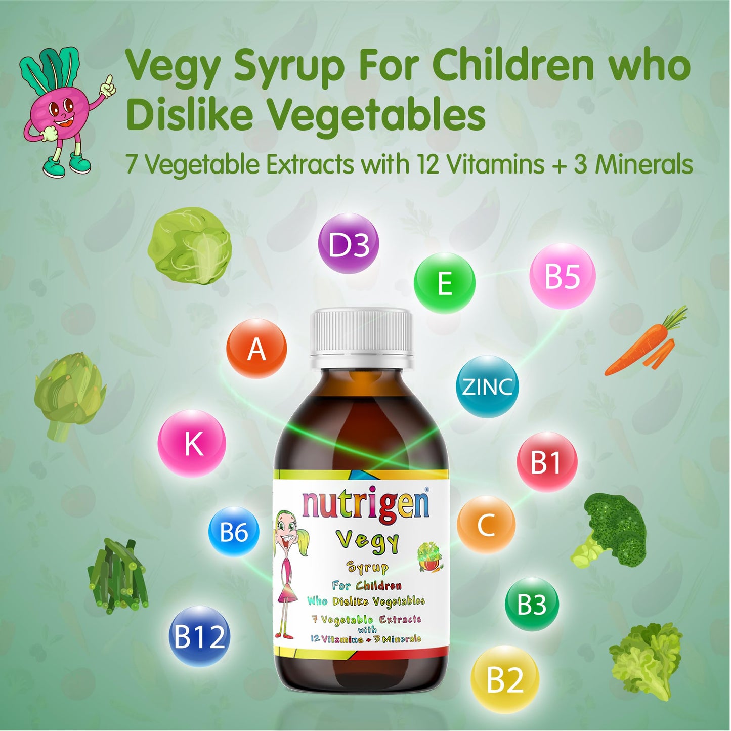 Nutrigen Vegy Syrup 200 mL - Vitamins, Minerals, and 7 Vegetable Extracts in Pomegranate Juice