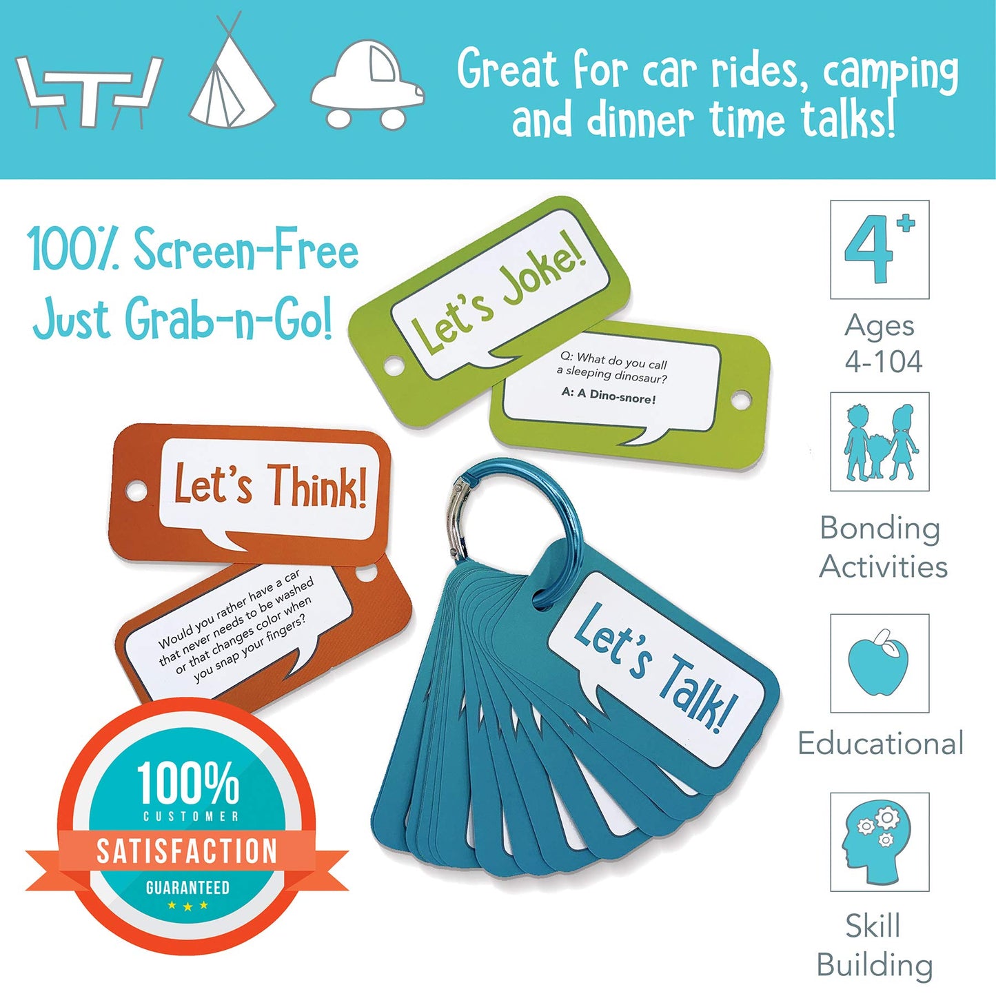 Let’s Chat 3-in-1 Conversation Starters Cards for Kids - Grab and Go Travel Card Games for Car, Airplanes - Talk, Think, Joke Cards - Ages 4+