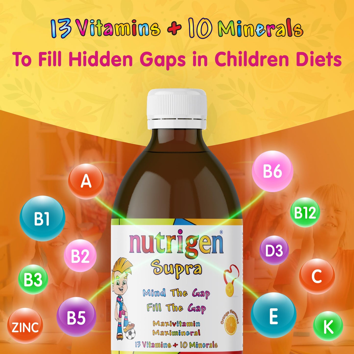Nutrigen Supra Multivitamin & Mineral Orange Flavoured Liquid for Kids – 13 Vitamins & 10 Minerals, Fills Micronutrient Gap, Supports Growth, Immunity, and Mental Performance, 200mL