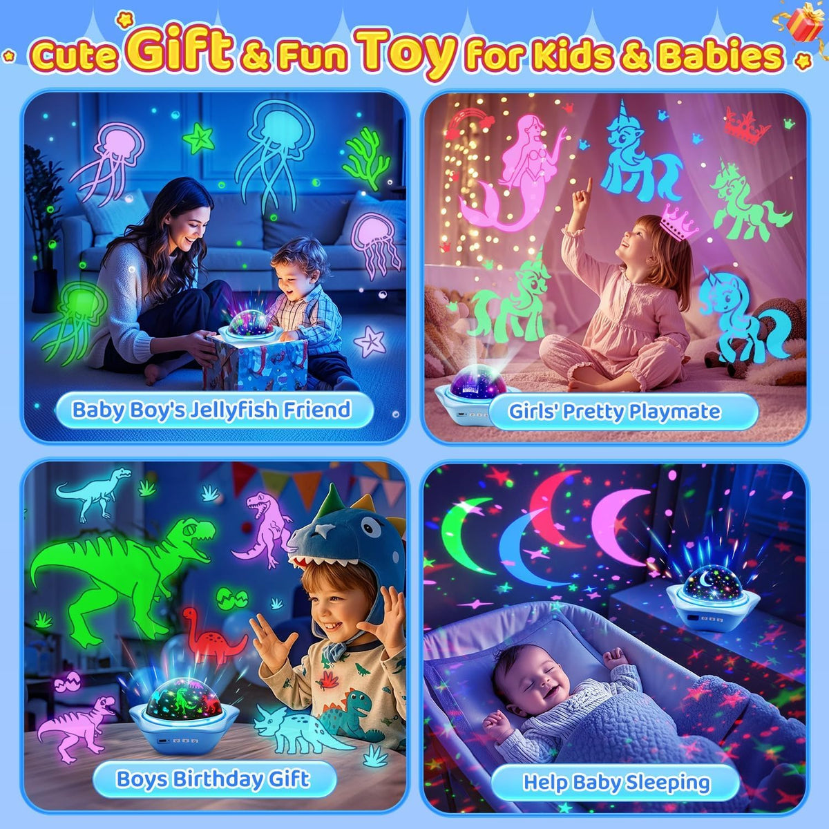 One Fire Sensory Toys for Autism, [6 Films + 90 Effects] Star Projector Night Light, [3 Brightness + 360° Rotate] Night Light Kids, Baby Sensory Toys for Babies, Galaxy Projector, Kids Gifts