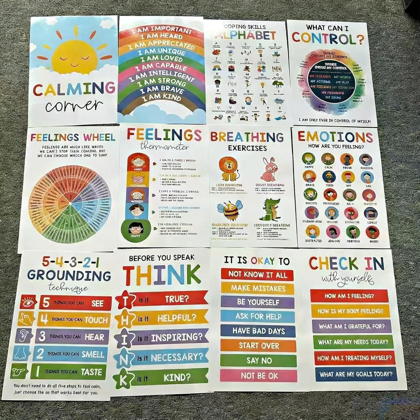 Ryfpdml 12PCS Calming Corner Classroom Posters, Feelings Wheel Chart Emotions Poster For Kids, Calm Down Corner Supplies for Preschool Home School Office Outdoor Indoor (A)