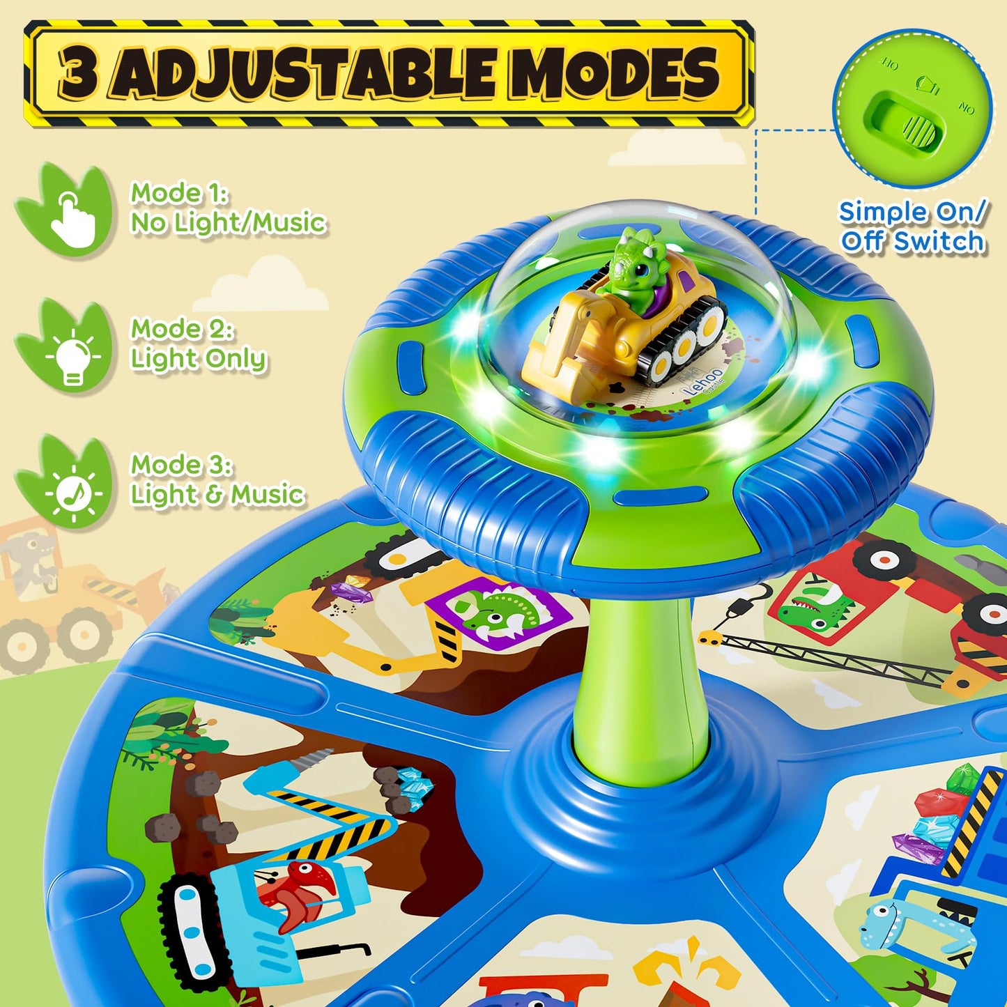 Lehoo Castle Dino Construction Truck Sit and Spin Toys for Toddlers 1-3 Boys, 360° Toddler Spinning Seat with Lights and Music, Sensory Toys Christmas Birthday Gift for Kids Age 2 3 4 5