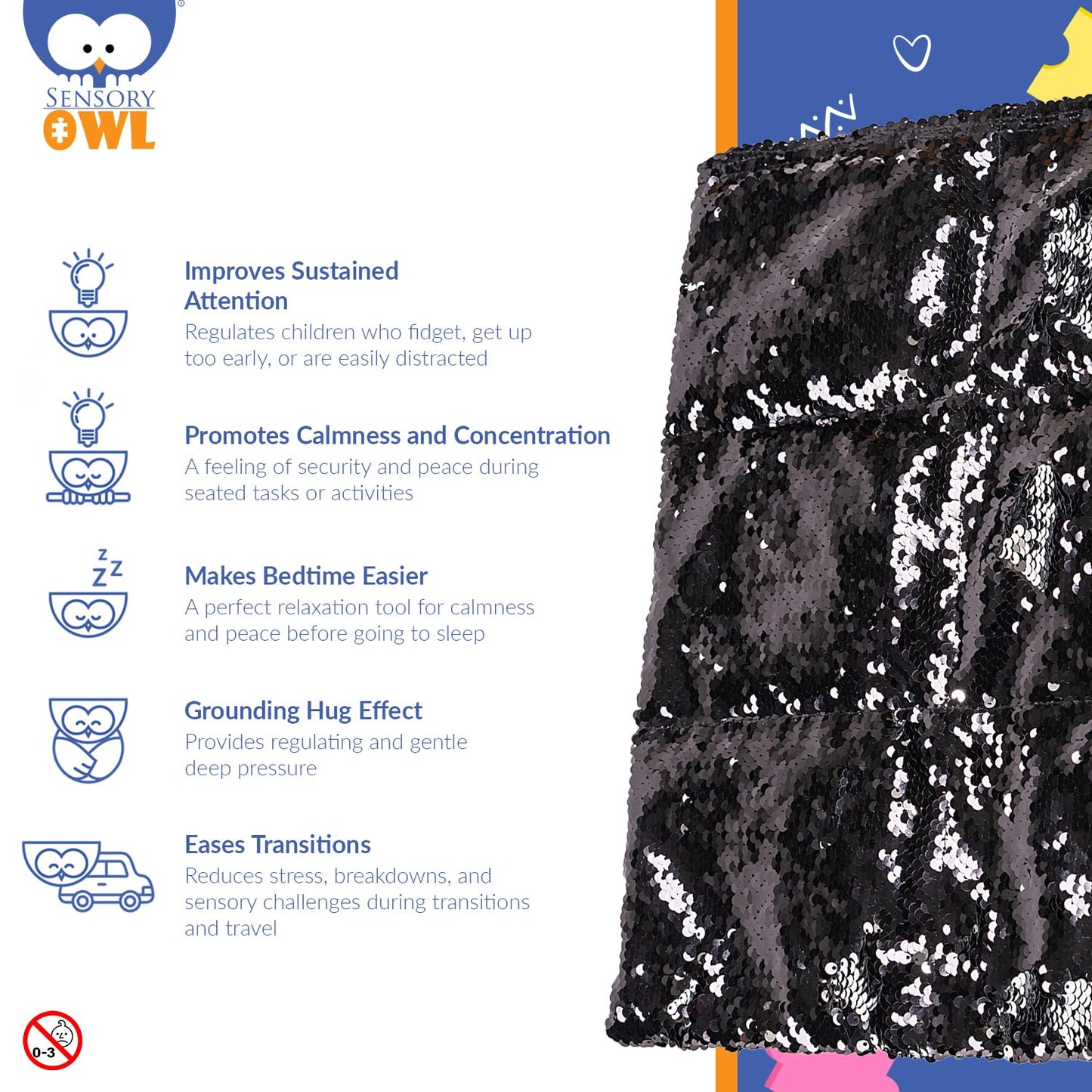 Sensory Owl Weighted Lap Pillow Two-Tone Sequin Pad To Relive Stress Anxiety Self-Calming Relaxing For Kids And Adults 30 x 40 cm 4 kg Black Silver