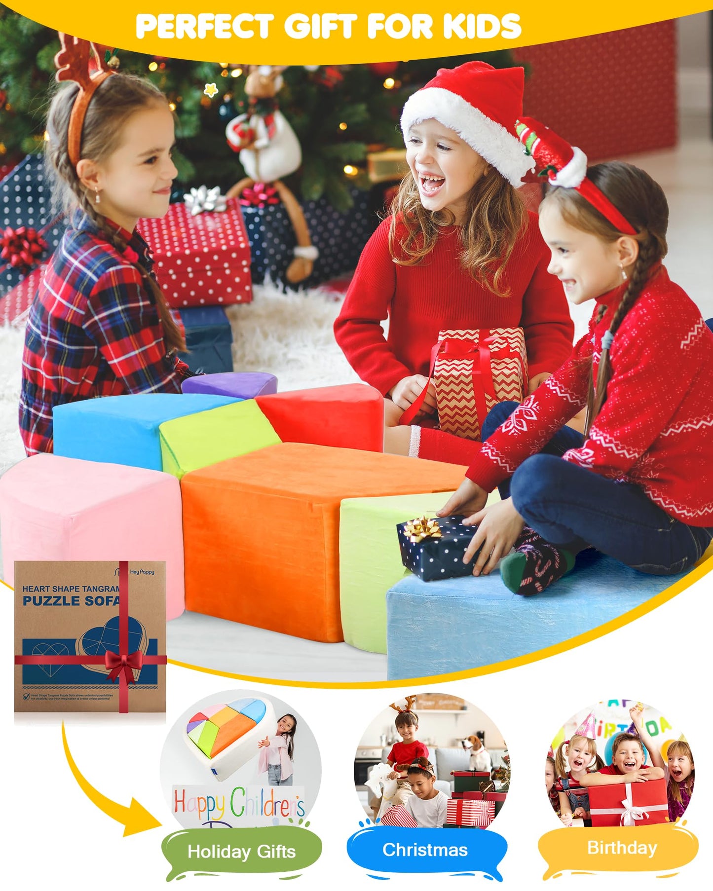 Kids Play Couch, 2-in-1 Heart-Shape Kids Plays Sofa with Unique Ball Pit(no Balls Included), Tangram Puzzle Play Couch for Playroom, Modular Play Sofa for Inspiring Creativity, Rainbow