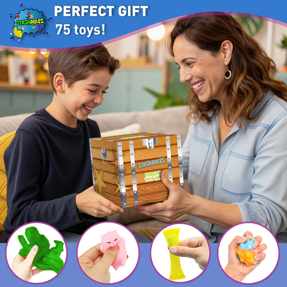 75 pcs Fidget Toys Kids Pack - Classroom Prizes, Pinata Fillers, Treasure Chest Goodie Bag Rewards with Pop its, Party Favours, Sensory Toys, Bulk Fidgets Box Gifts for Girls and Boys