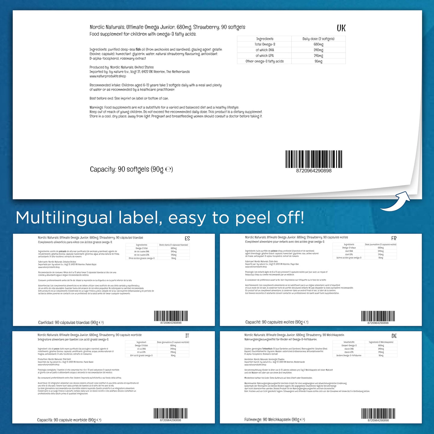 Nordic Naturals, Ultimate Omega-3 JR, 680mg Omega-3, for Children, Strawberry Flavour, with EPA and DHA, 90 Softgels, Lab-Tested, Soy Free, Gluten Free, Non-GMO