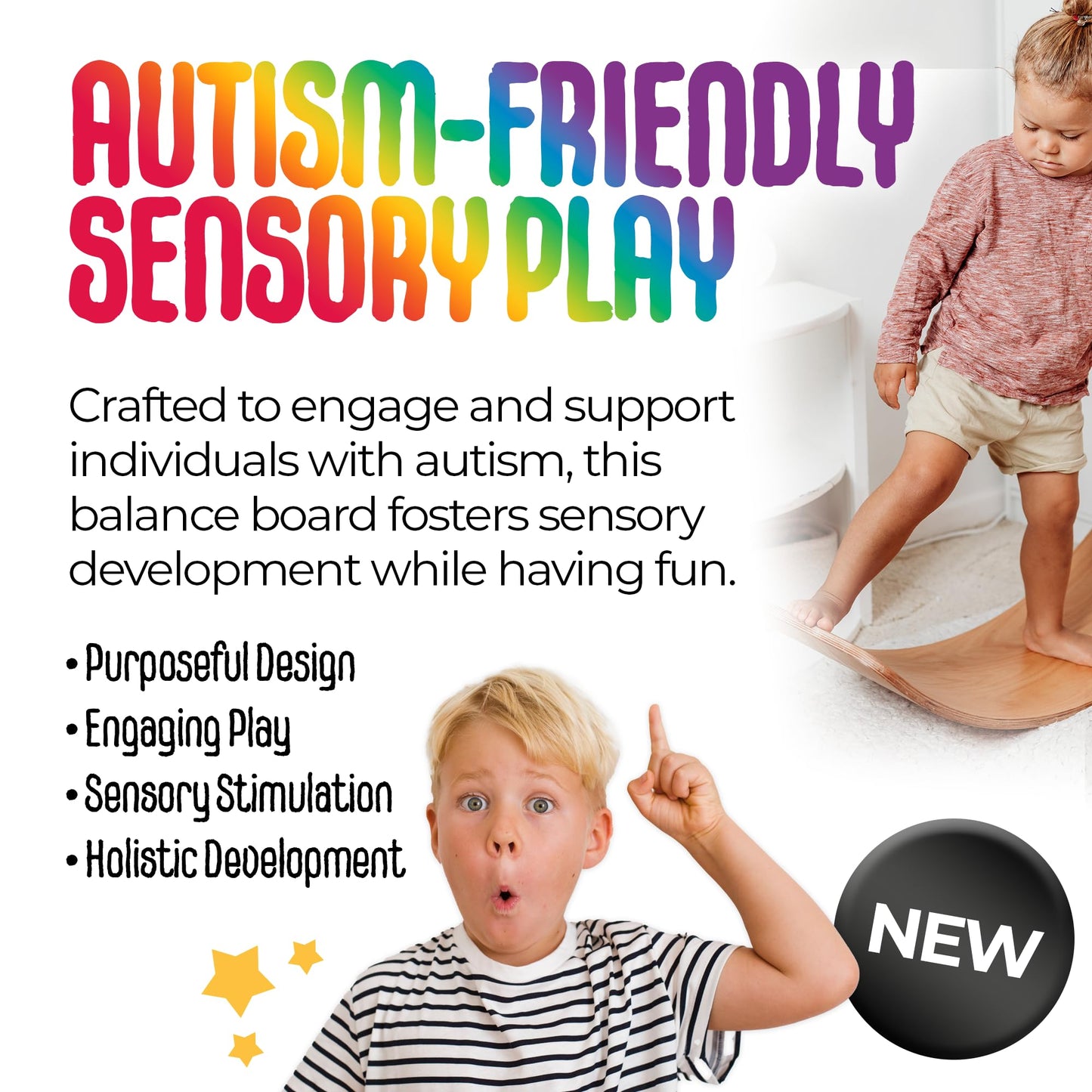 MagicMeadow Wooden Sensory Balance Board for Kids - Autism Sensory Equipment Baby Toy, Seesaw, Premium Natural Wooden Wobble Board