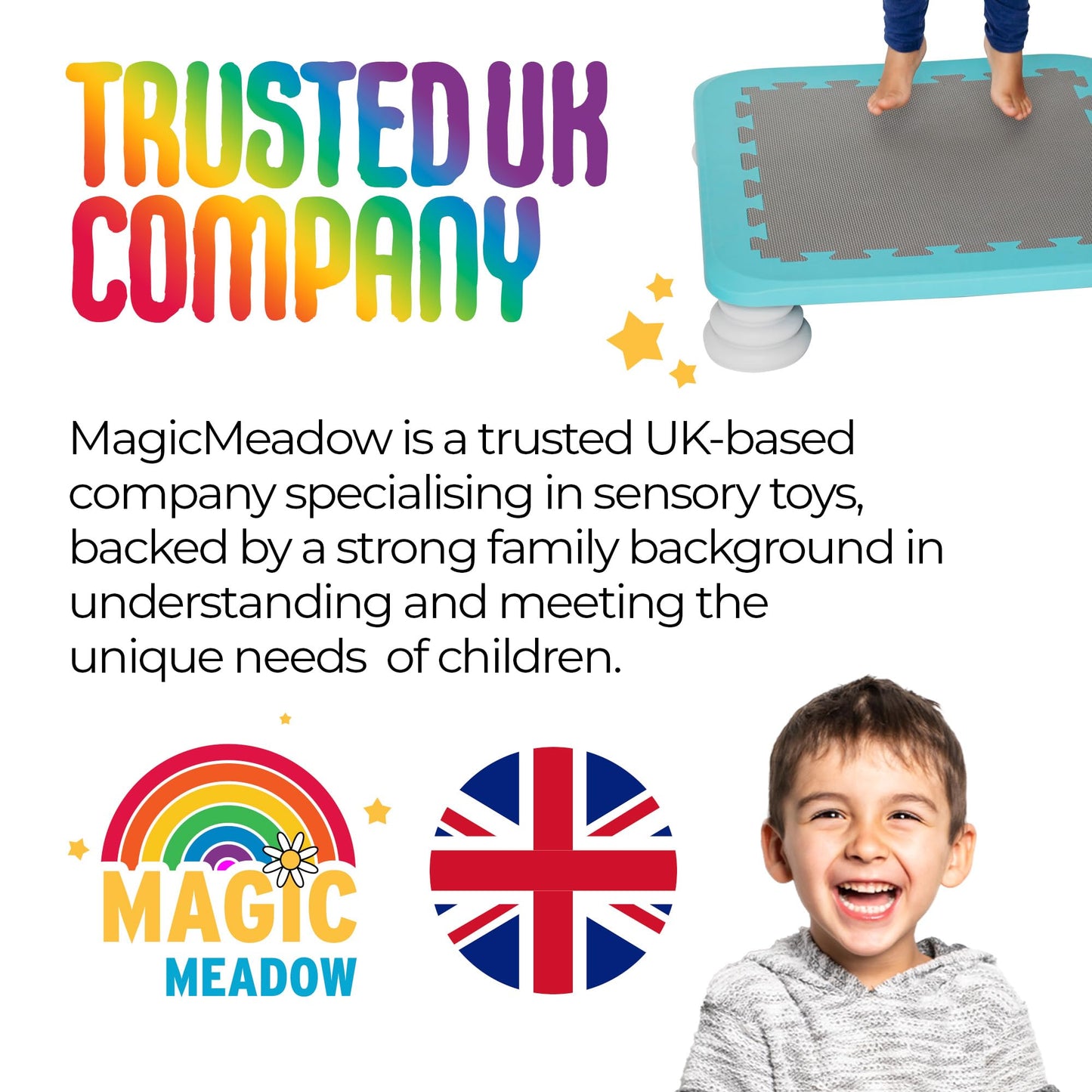 MagicMeadow Blue Sensory Autism Kids Trampoline Indoor Board - Suitable for Kids and Toddler Trampoline for 3 Years Old Plus, 75kg Weight Limit, PU Foam Removable Foot Pads - Durable and Easy Clean