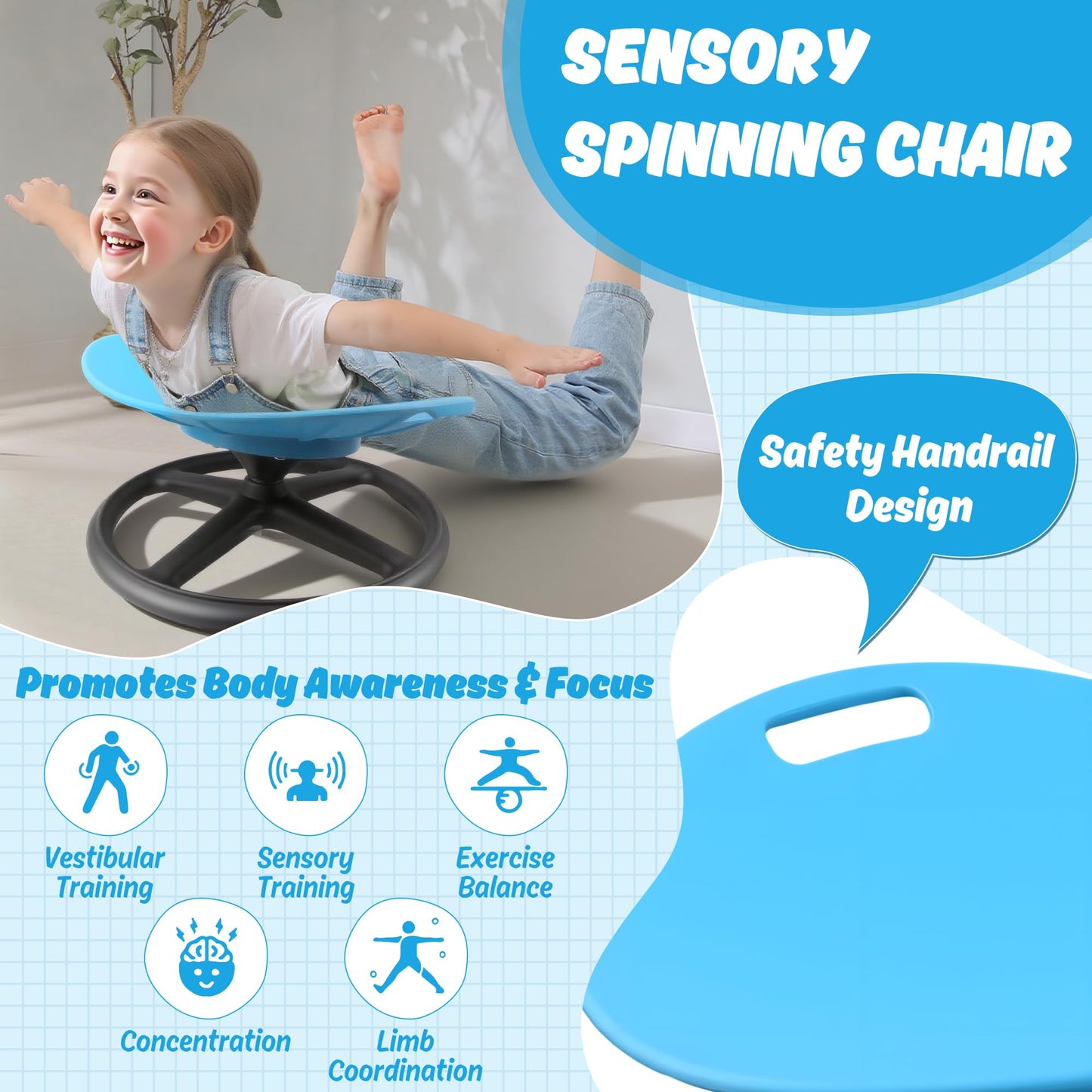 LGMCF Kids Sensory Spinning Chair, Spinning Chair for Autism & ADHD Children with Safety Handle & Non-Slip Design, Sensory Toy for Training Body Coordination (Blue)