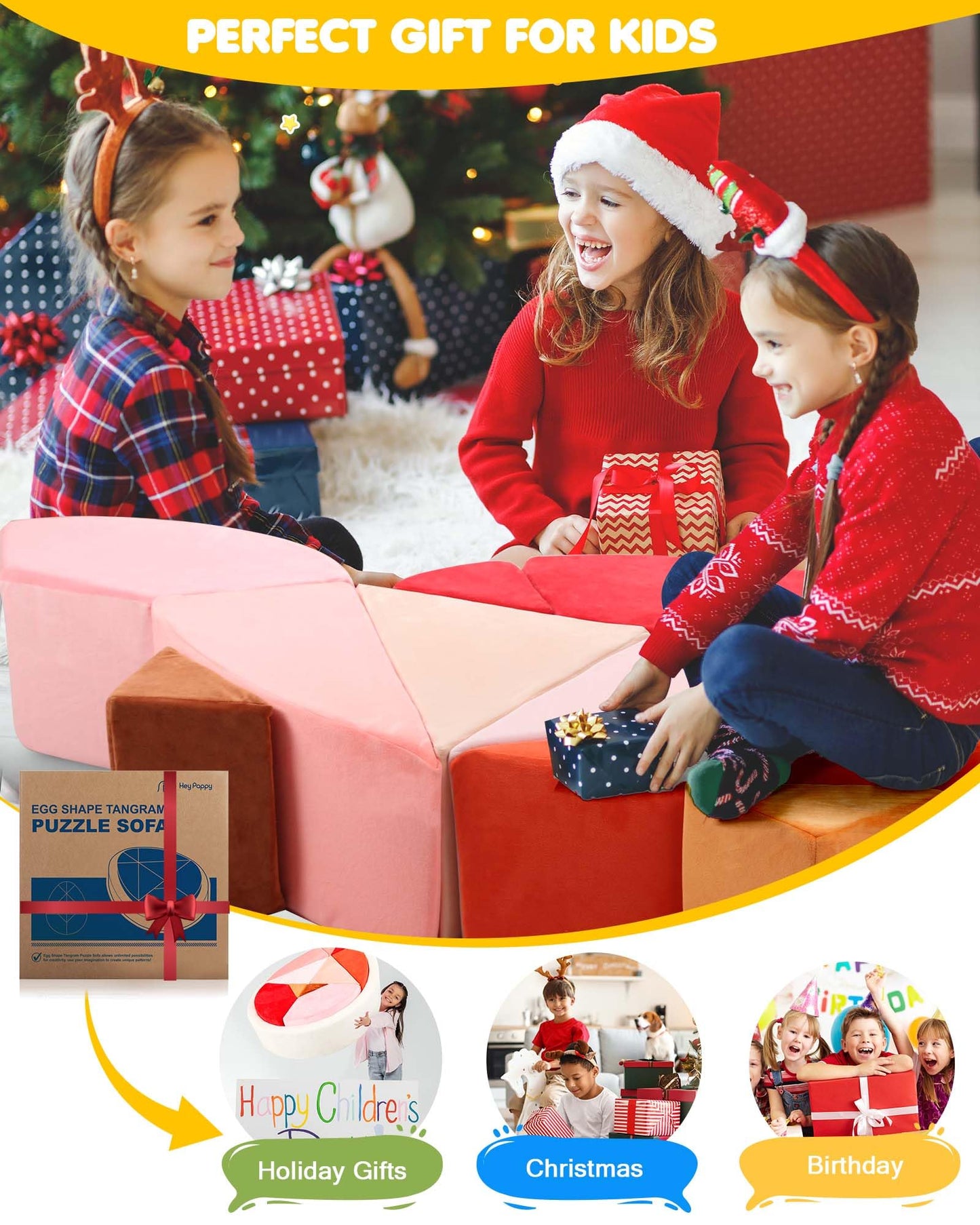 Heypappy Kids Play Couch, 2-in-1 Egg-Shape Kid Play Sofa with Unique Ball Pit(no Balls Included), Tangram Puzzle Plays Couch for Playroom, Modular Play Couchs for Inspiring Creativity, Glow
