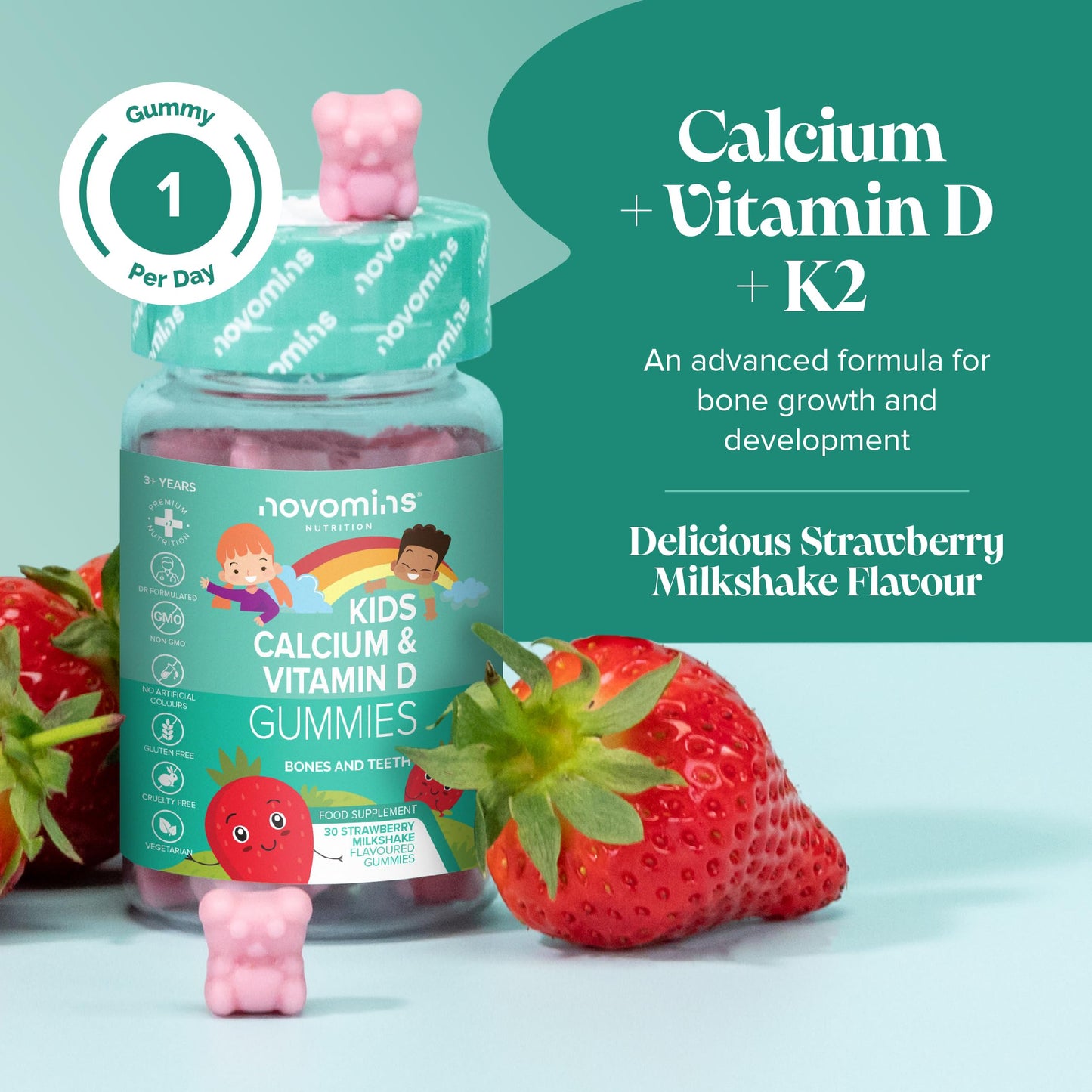 Calcium Gummies for Kids - 160mg Vegetarian Calcium Supplement Infused with Vitamin D & K2 - Healthy Bones & Teeth - 1 Month Supply - Alternative to Tablets - Novomins