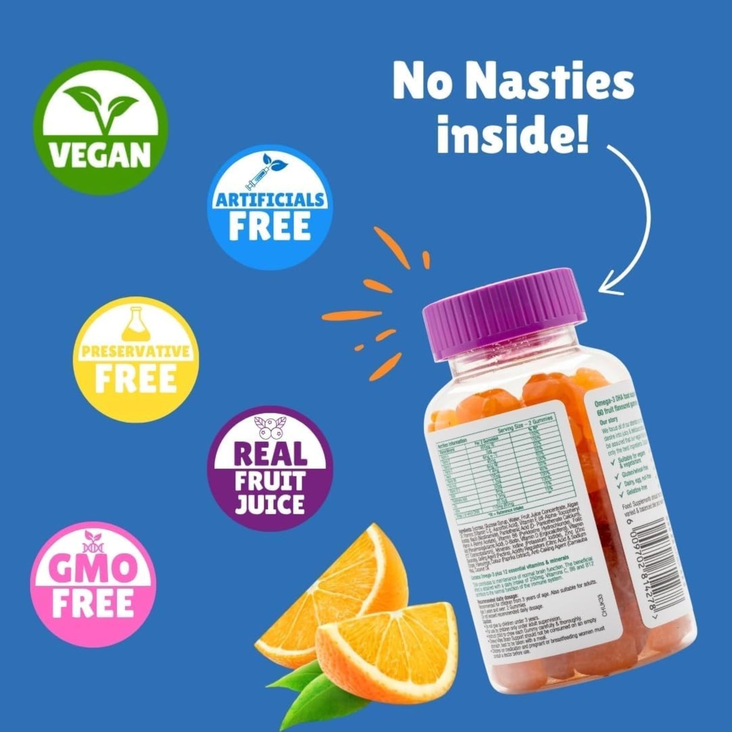 Chewy Vites Kids Brain Support, 60 Kids Vitamins Gummies, Vegan Omega 3 DHA, 13 Essential Vitamins & Minerals, 1 Months Supply, Real Fruit Juice, Age 3 +, Orange Flavour