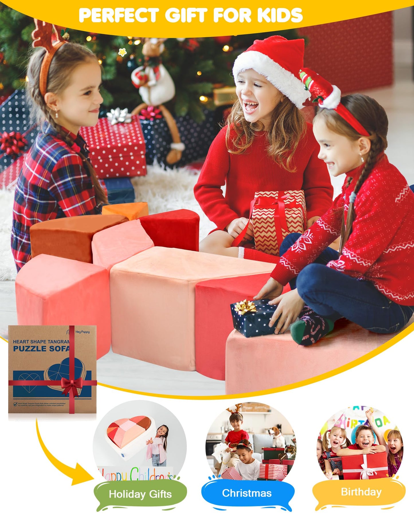 Kids Play Couch, 2-in-1 Heart-Shape Kids Plays Sofa with Unique Ball Pit(no Balls Included), Tangram Puzzle Play Couch for Playroom, Modular Play Sofa for Inspiring Creativity, Glow