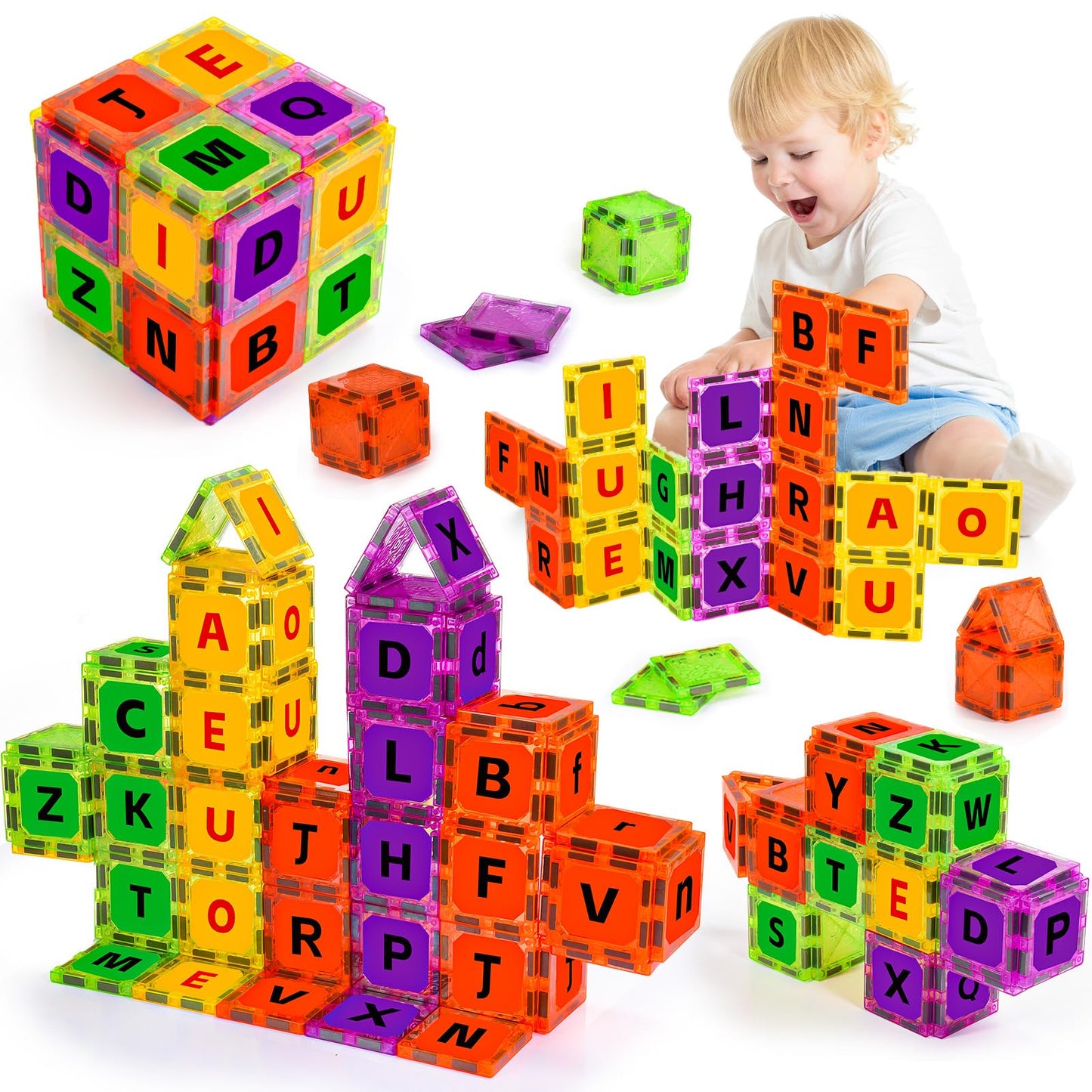 JoltJive Magnetic Tiles Letters Toys for 2 3 4 5 6 7 Year Old, Toddler Magnetic Blocks Building Toys
