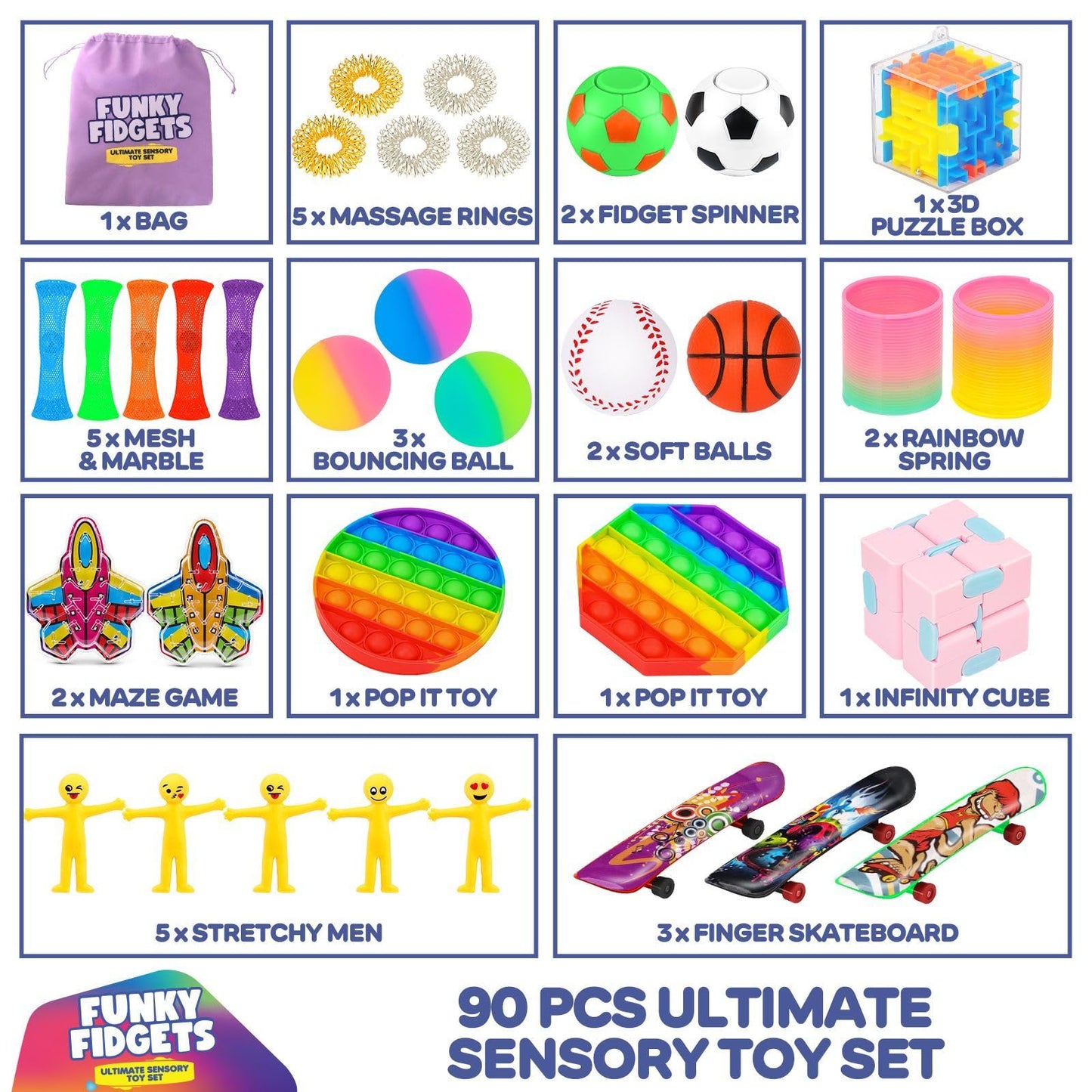 VB Fidget Toys Pack – 90-Pcs Kids Sensory Toys with Popper, Cube, Tubes, Stress Balls – Party Favours, Classroom Prizes – Anxiety, Stress Relief