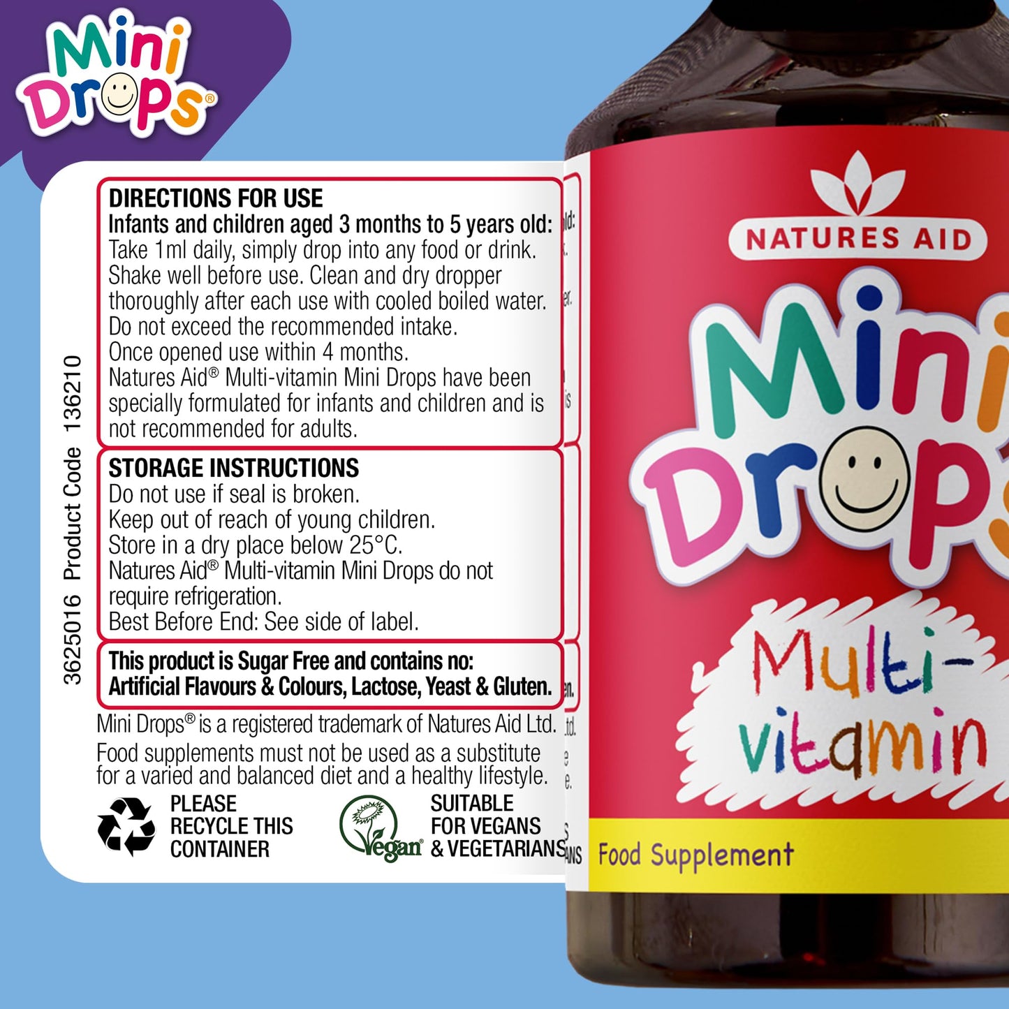 Natures Aid Mini Drops Multi-Vitamin for Babies & Kids 50ml – 9 Essential Vitamins Support Growth & Immune Health for Children Age 0-5 Years Old – Sugar Free Vegan Non-GMO Gluten-Free Dropper Included