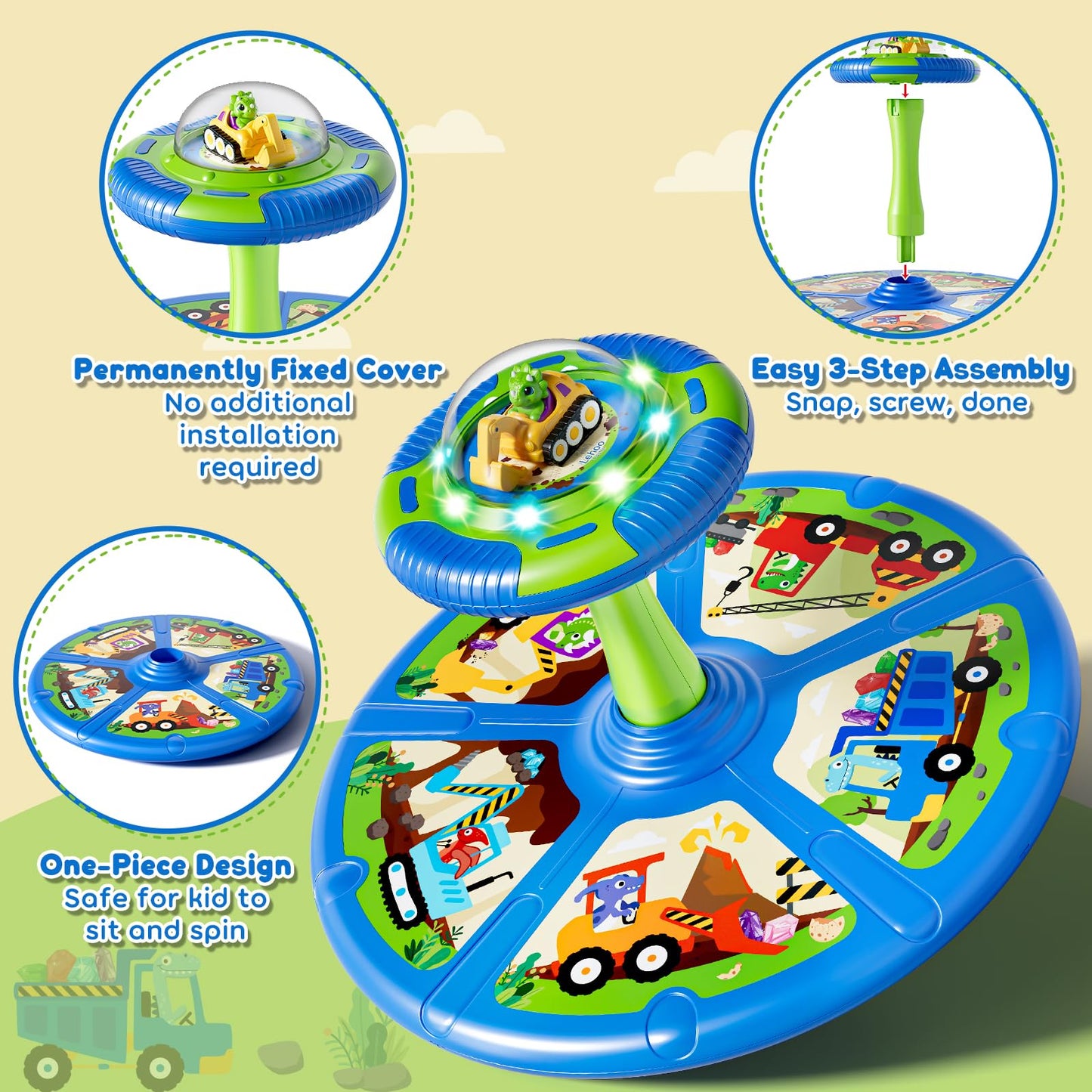 Lehoo Castle Dino Construction Truck Sit and Spin Toys for Toddlers 1-3 Boys, 360° Toddler Spinning Seat with Lights and Music, Sensory Toys Christmas Birthday Gift for Kids Age 2 3 4 5
