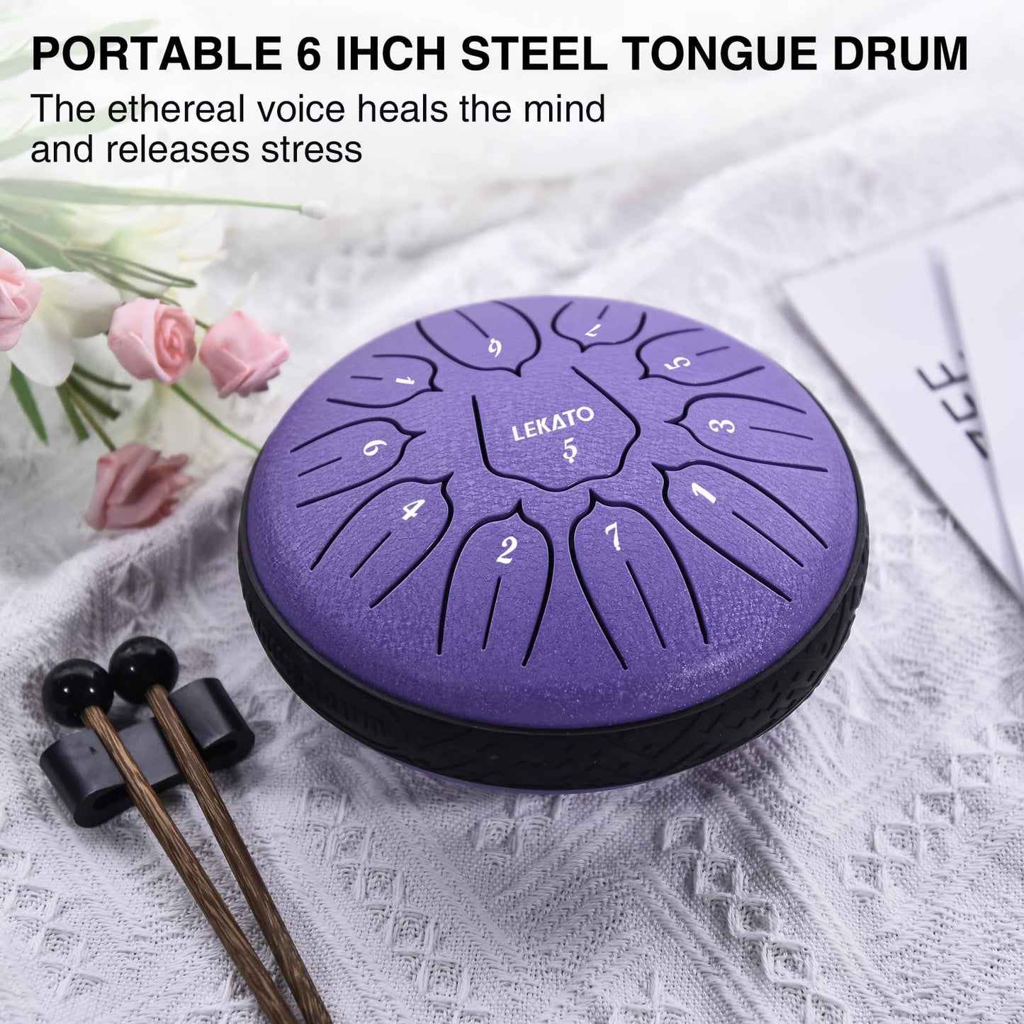 LEKATO Steel Tongue Drum 6 Inch 11 Note, D Key Handpan Rain Drum for Outside Garden Sound Healing, Steel Alloy Ethereal BalmyDrum with Storage Bag, Percussion Instrument Gift for Beginner, Purple
