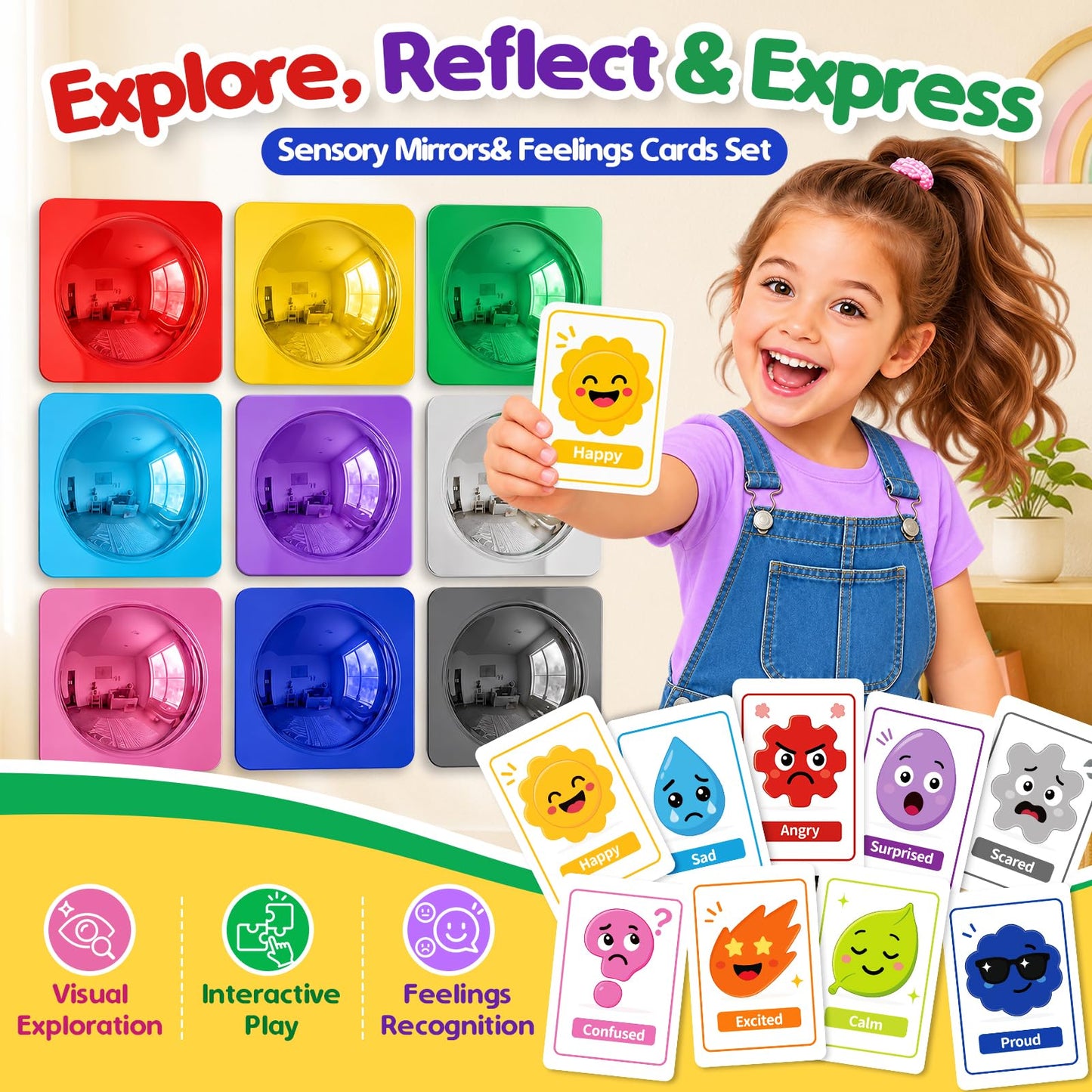 9 Pack Bubble Convex Mirror Panels with Mood Cards– Sensory Wall Toys for Autism, Visual Perception Training Acrylic Sensory Equipment, Calming Corner Items for Kids