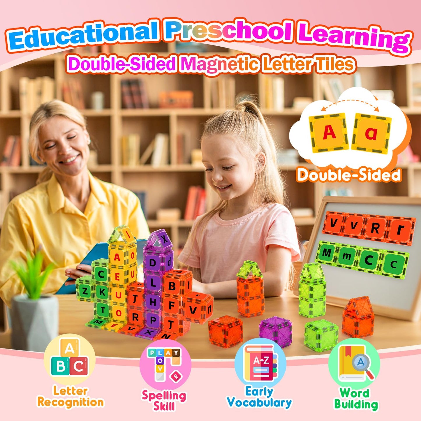 JoltJive Magnetic Tiles Letters Toys for 2 3 4 5 6 7 Year Old, Toddler Magnetic Blocks Building Toys