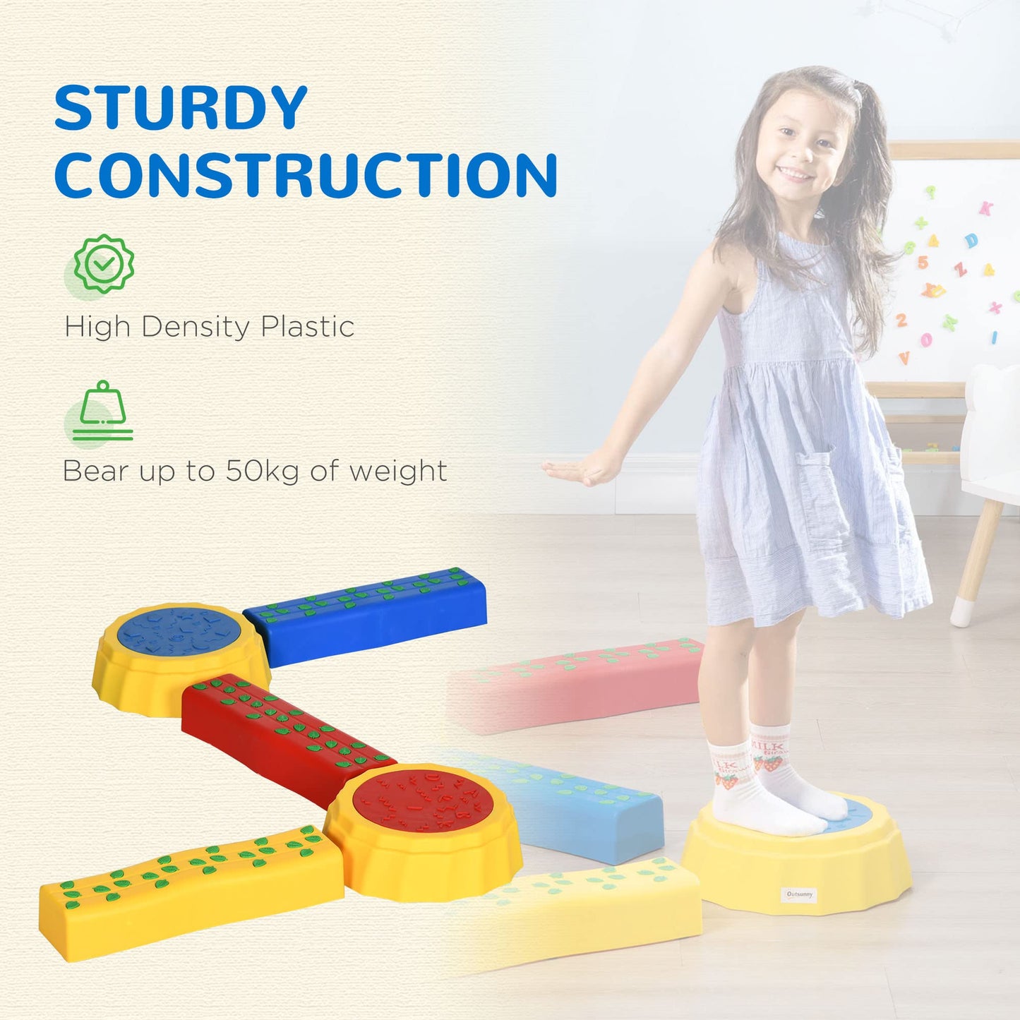 Outsunny 5 PCS Stepping Stones Kids Balance Beam w/Non-Slip Surface and Bottom, Outdoor Indoor Sensory Toys, Obstacle Course for Toddlers