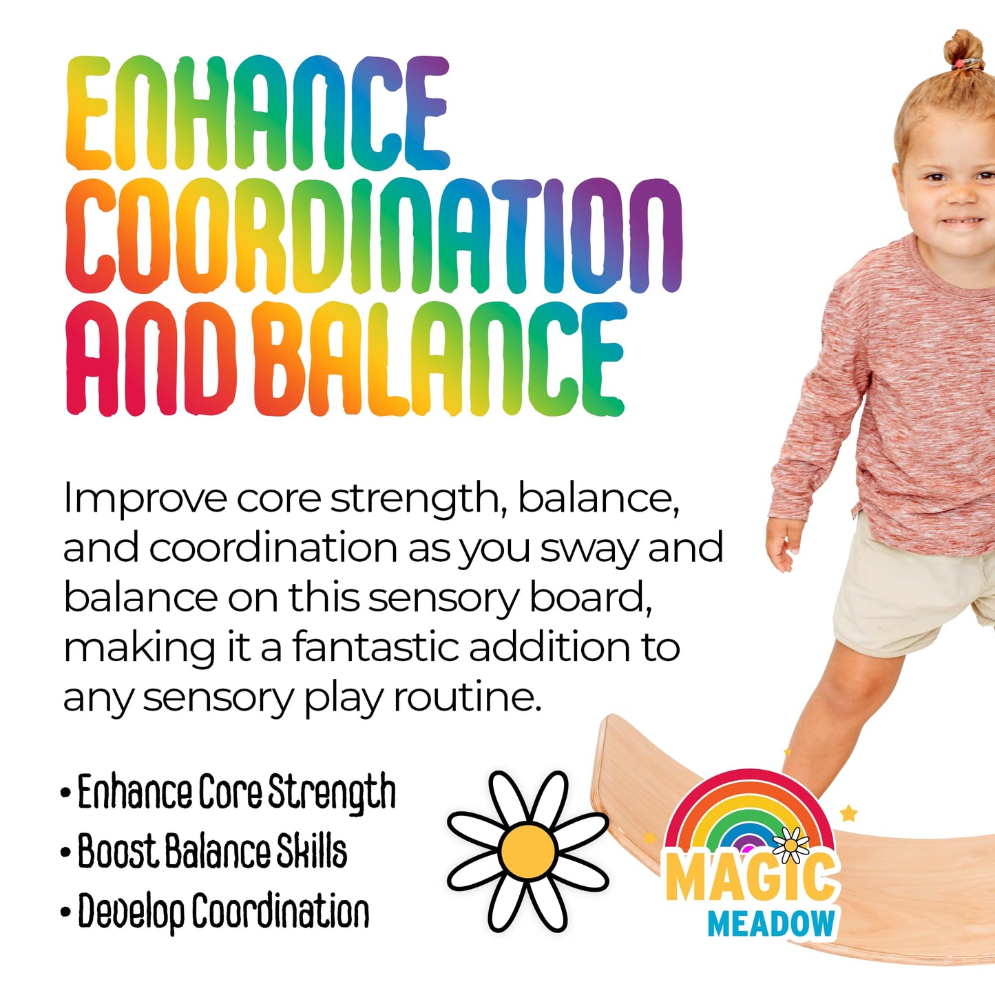 MagicMeadow Wooden Sensory Balance Board for Kids - Autism Sensory Equipment Baby Toy, Seesaw, Premium Natural Wooden Wobble Board