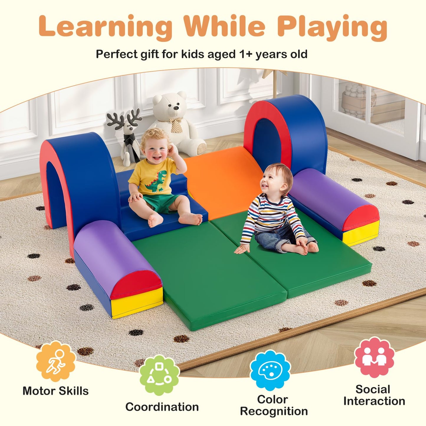 COSTWAY Kids Soft Play Set, 10 Pieces Baby Foam Climbing Blocks with Waterproof PU Leather, Indoor Toddler Climb and Crawl Activity Playset for Sensory Motor Skills