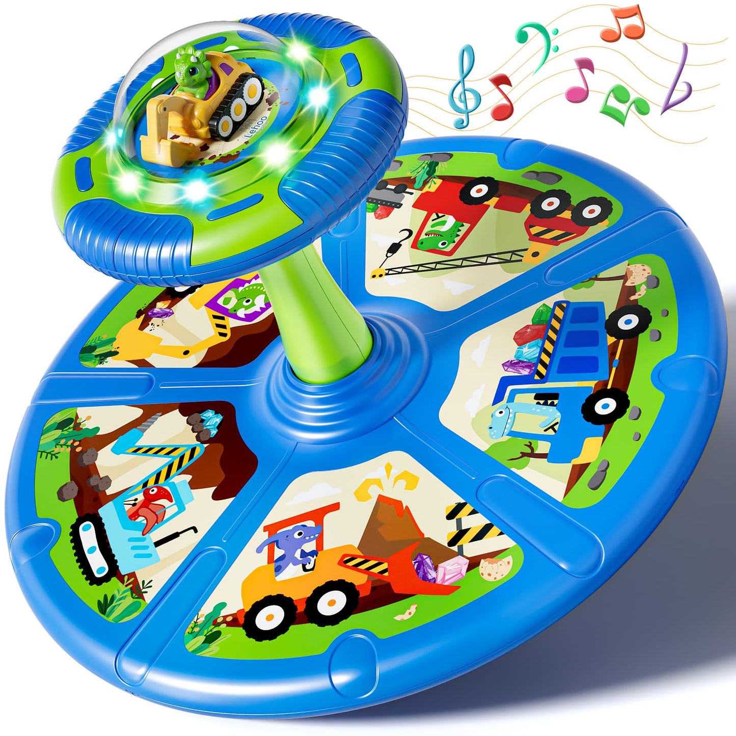 Lehoo Castle Dino Construction Truck Sit and Spin Toys for Toddlers 1-3 Boys, 360° Toddler Spinning Seat with Lights and Music, Sensory Toys Christmas Birthday Gift for Kids Age 2 3 4 5