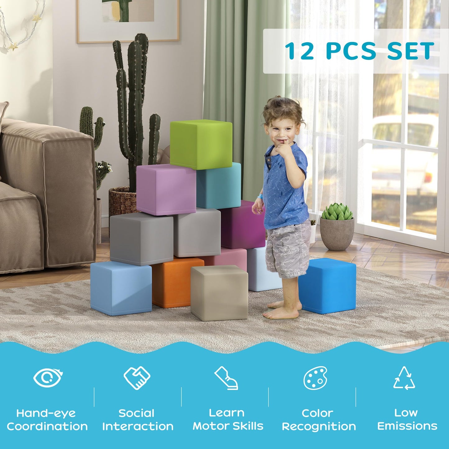 HOMCOM 12 Piece Soft Play Foam Blocks Toy Building Stacking Compliant Learning Toys for Toddler Baby Kids Preschool Blue