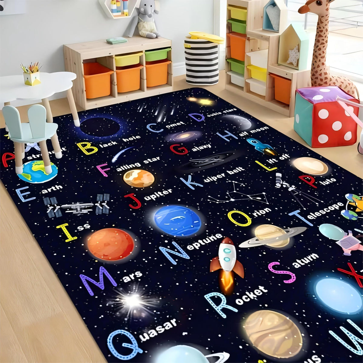 Kuluoits Galaxy Starry Sky Area Rug, 60x90cm ABC Educational Learning Planet Constellation Rocket Washable Indoor Rugs, Non-Slip and Easy-to-Clean Carpet for bedrooms, living rooms, children's rooms