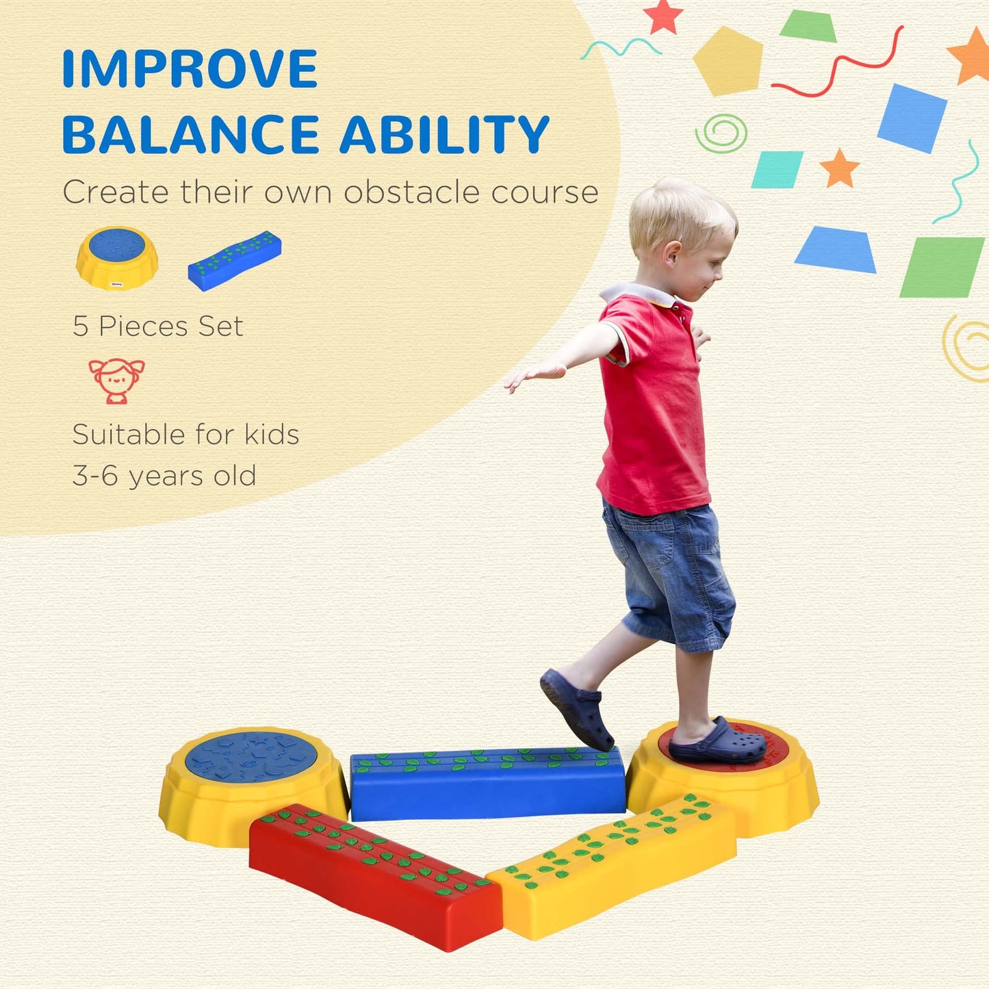 Outsunny 5 PCS Stepping Stones Kids Balance Beam w/Non-Slip Surface and Bottom, Outdoor Indoor Sensory Toys, Obstacle Course for Toddlers