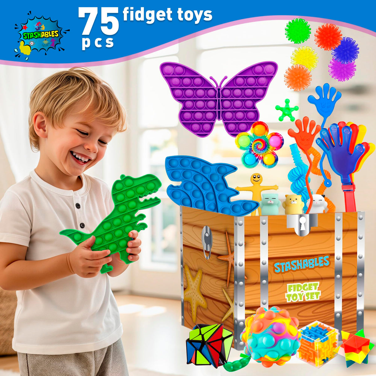 75 pcs Fidget Toys Kids Pack - Classroom Prizes, Pinata Fillers, Treasure Chest Goodie Bag Rewards with Pop its, Party Favours, Sensory Toys, Bulk Fidgets Box Gifts for Girls and Boys