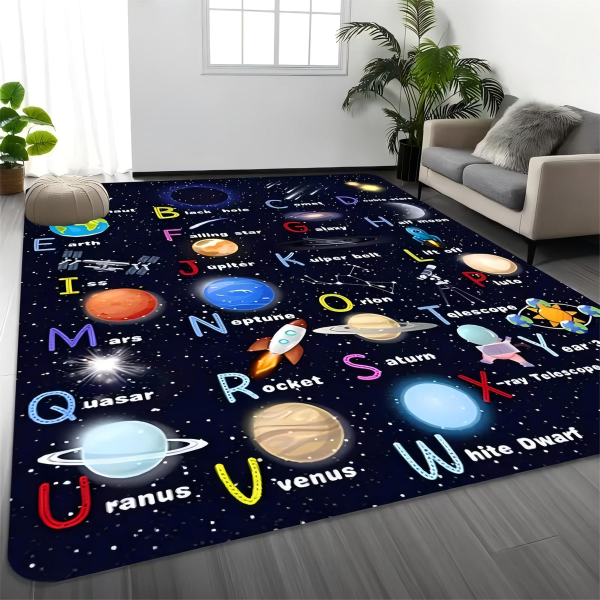 Kuluoits Galaxy Starry Sky Area Rug, 60x90cm ABC Educational Learning Planet Constellation Rocket Washable Indoor Rugs, Non-Slip and Easy-to-Clean Carpet for bedrooms, living rooms, children's rooms