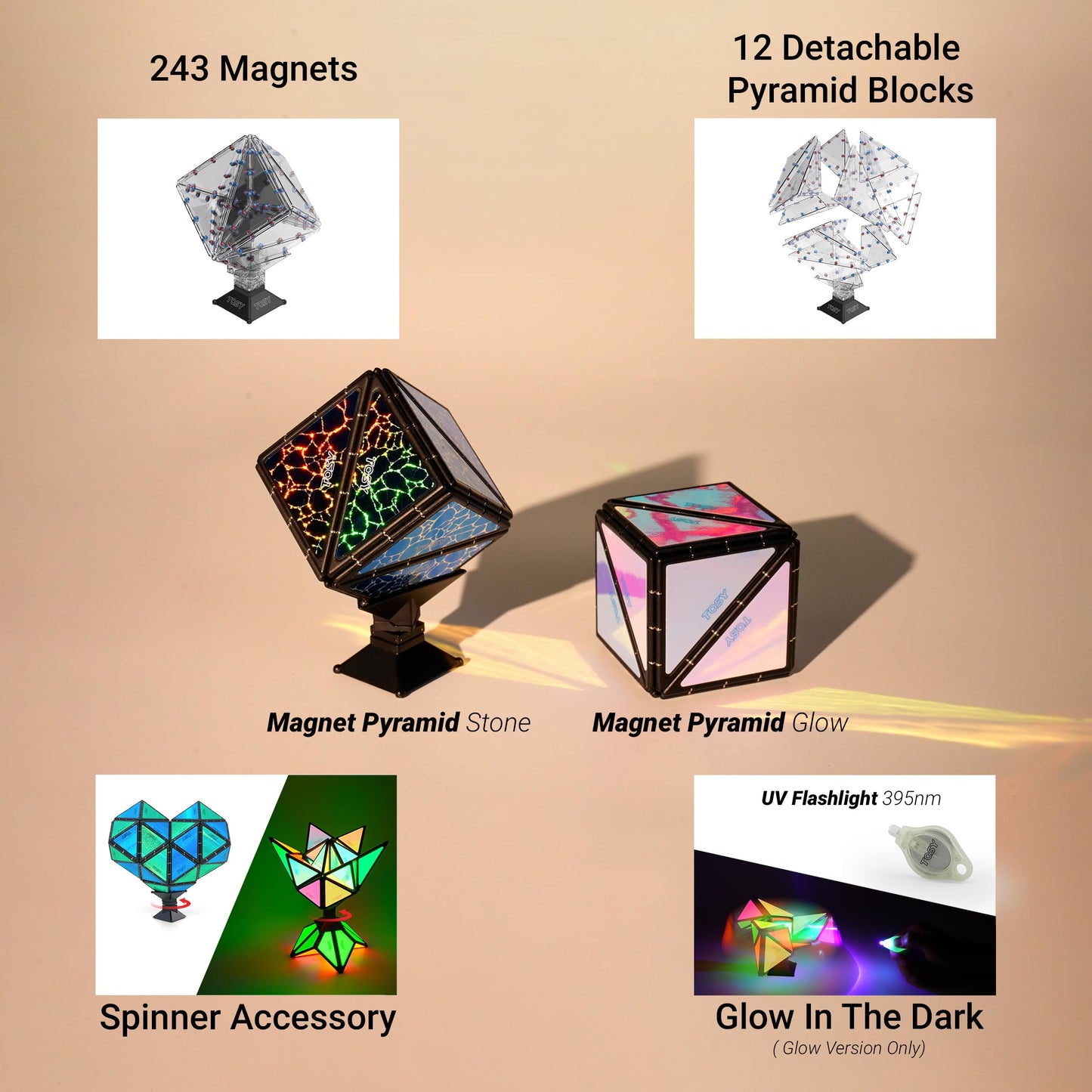 TOSY Magnet Pyramid Glow - 1 Cube Transforms into 1 Billion Shapes, 12 pieces, 243 Magnets, Glowing, Holographic Design Magnet Tiles Creative Puzzle STEM/STEAM Toy