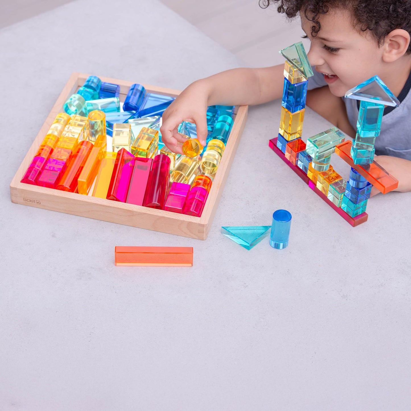 tickit Wooden Building Blocks & Crystal Gem Cubes Construction Set with Storage Tray – Mixed Shape Blocks for Stacking, Balance, Architecture, Small World & Creative Play