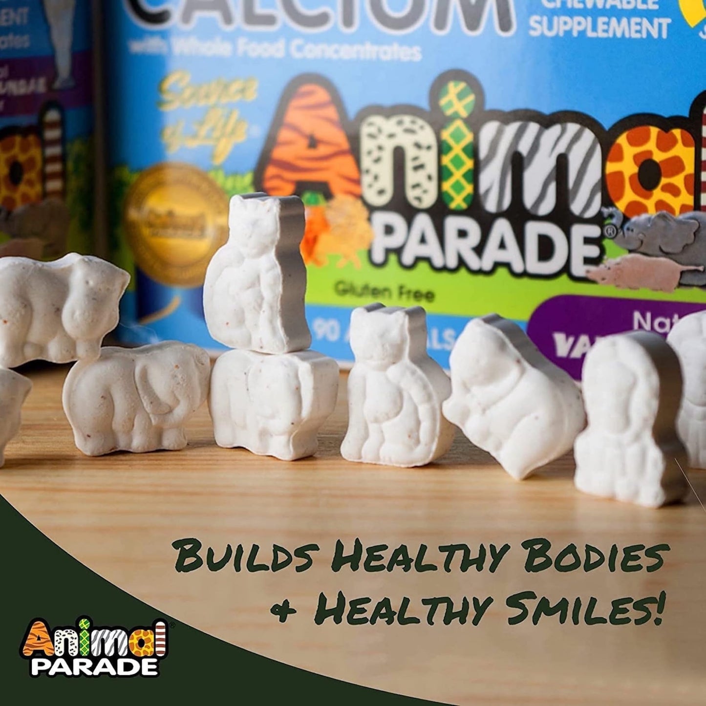 NaturesPlus Animal Parade Children's Calcium Sugar-Free - Chewable Calcium and Magnesium Formula for Kids - Vanilla Sundae Flavour, Vegan, Gluten Free - 90 Animal Shaped Tablets