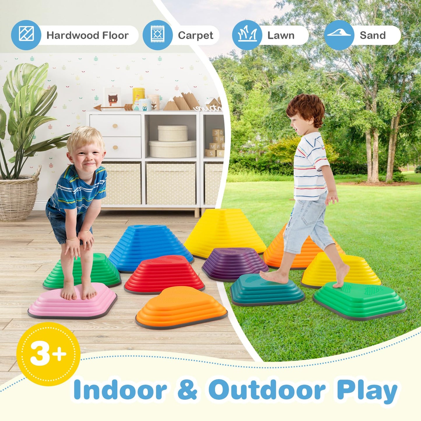 COSTWAY 11-Piece Kids Stepping Stones, Children Obstacle Course Stackable Balance Blocks with Full Non-Slip Edge, Heart-Shaped Balance Stones for Toddlers