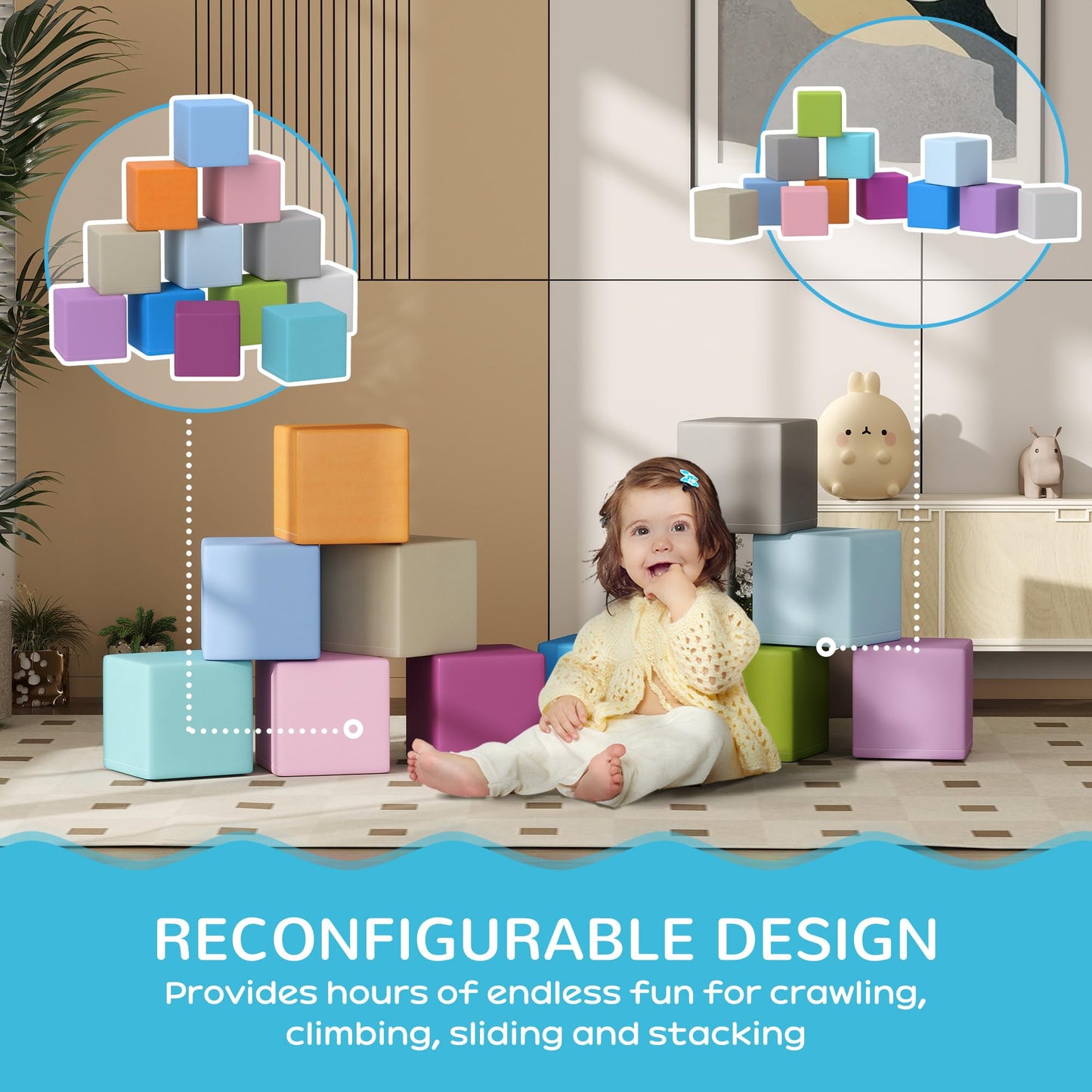 HOMCOM 12 Piece Soft Play Foam Blocks Toy Building Stacking Compliant Learning Toys for Toddler Baby Kids Preschool Blue