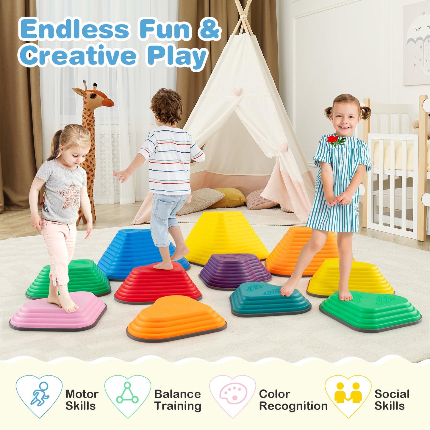 COSTWAY 11-Piece Kids Stepping Stones, Children Obstacle Course Stackable Balance Blocks with Full Non-Slip Edge, Heart-Shaped Balance Stones for Toddlers
